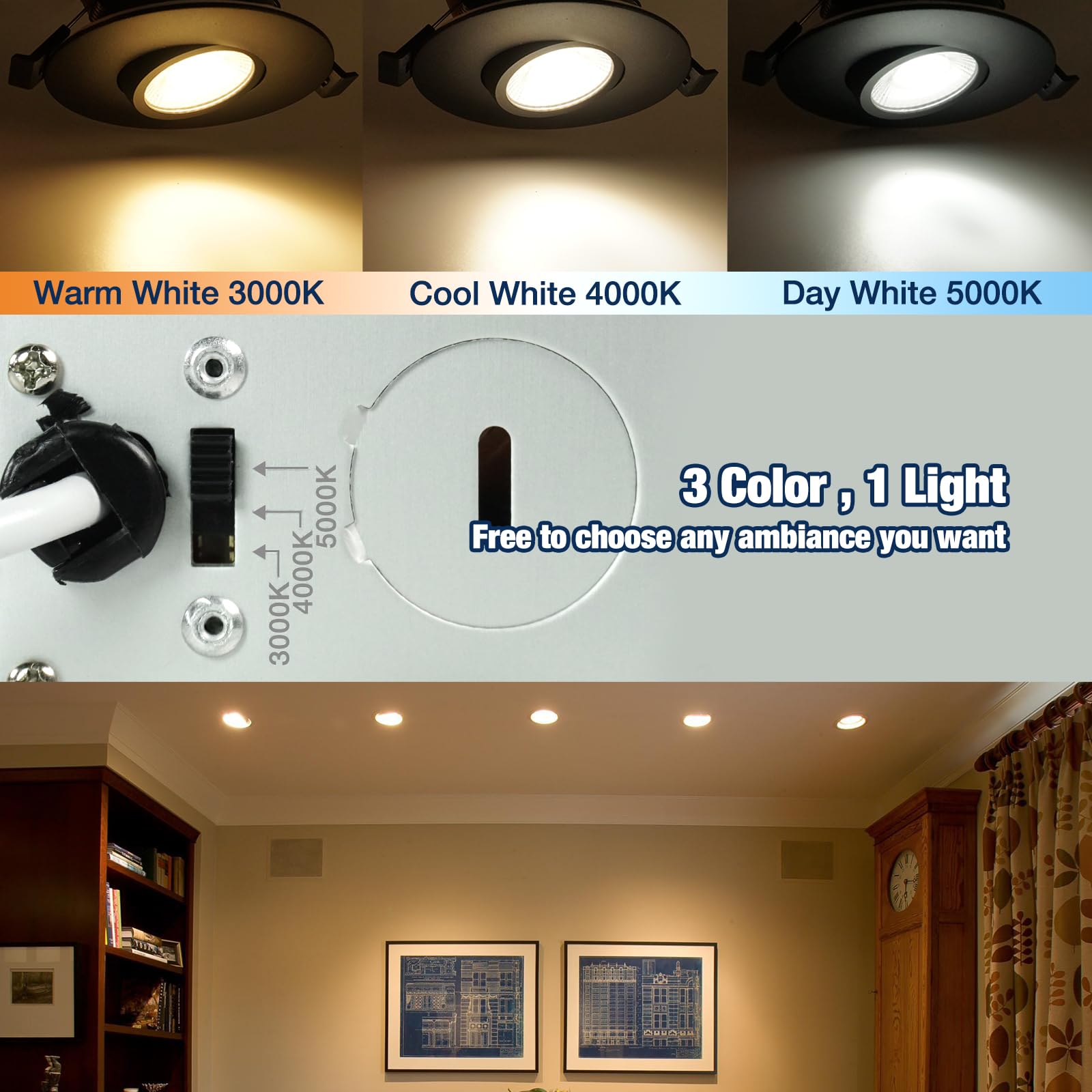 Sublimation Black 8 Packs 3 Inch 3Cct Gimbal Led Recessed Light With Junction Box 10W,Waterproof Recessed Lights For Shower,Black Recessed Lights,3 Colors Adjustable