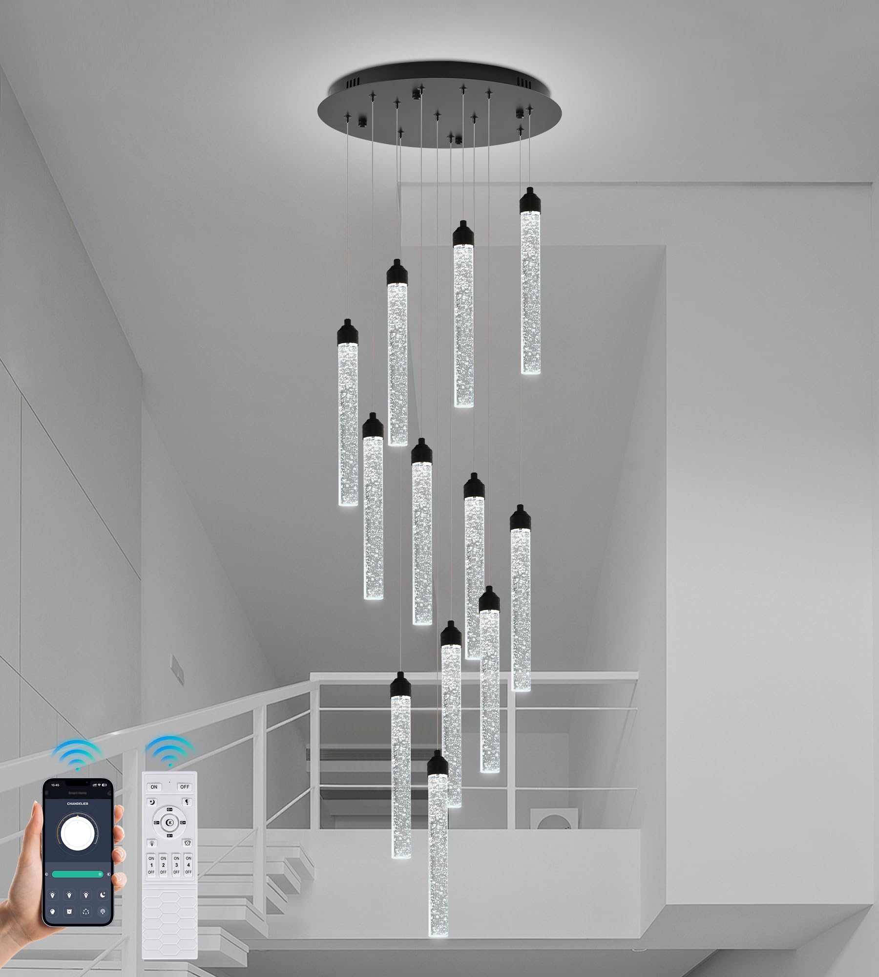 YwueChwu 12-Lights High Ceiling Crystal Staircase Chandelier Black, Modern Spiral Raindrop Dimmable LED Bubble Cluster Ceiling H