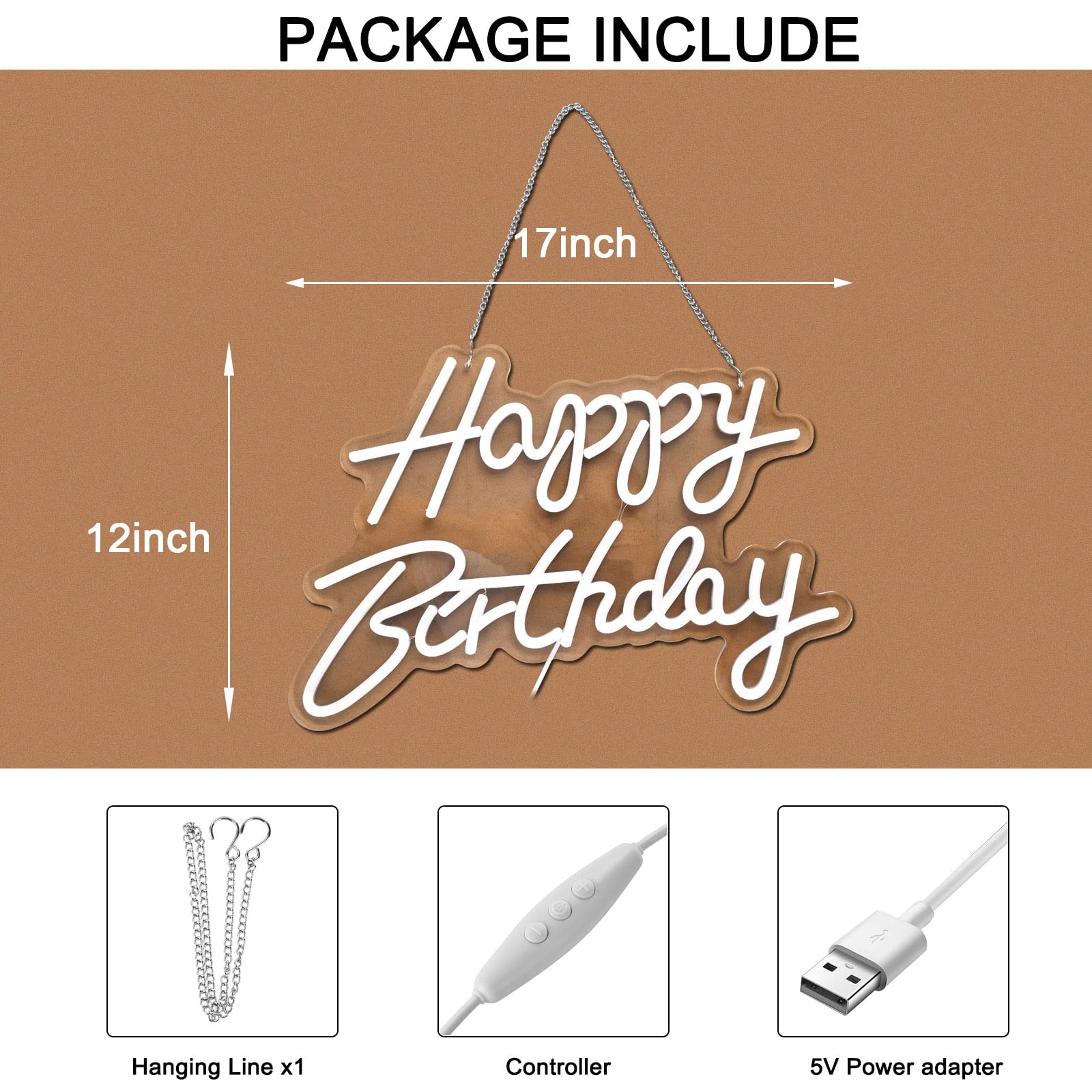 Neonhonba Happy Birthday Neon Sign, Dimmable, 17x12 inches, White Wall Decor