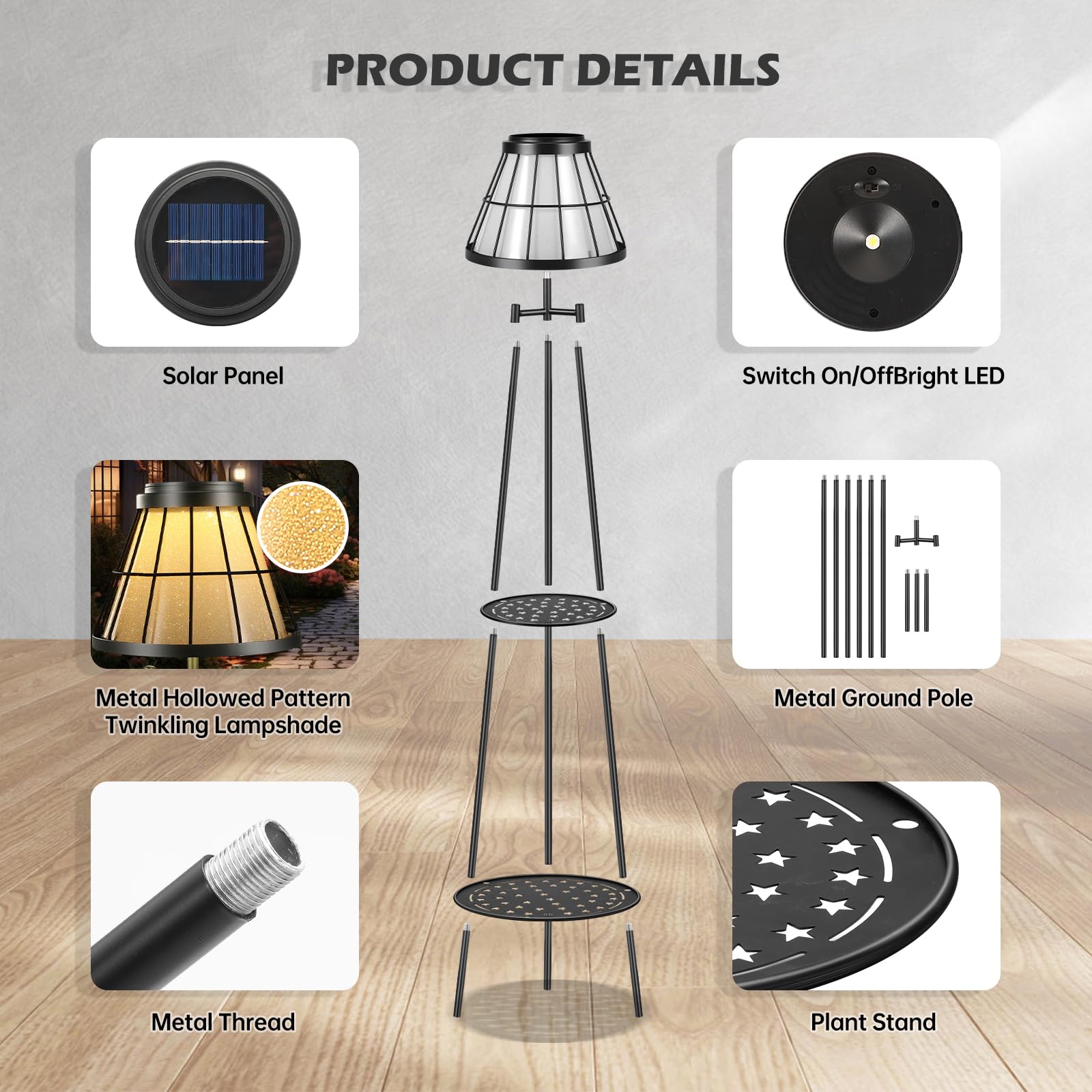 Solgicar 45.4'' Metal Outdoor Floor Lamps With 2 Plant Stand, Solar Lights Plant Stand, Waterproof Solar Lantern Lights For Patio Deck Yard Garden Porch - Black