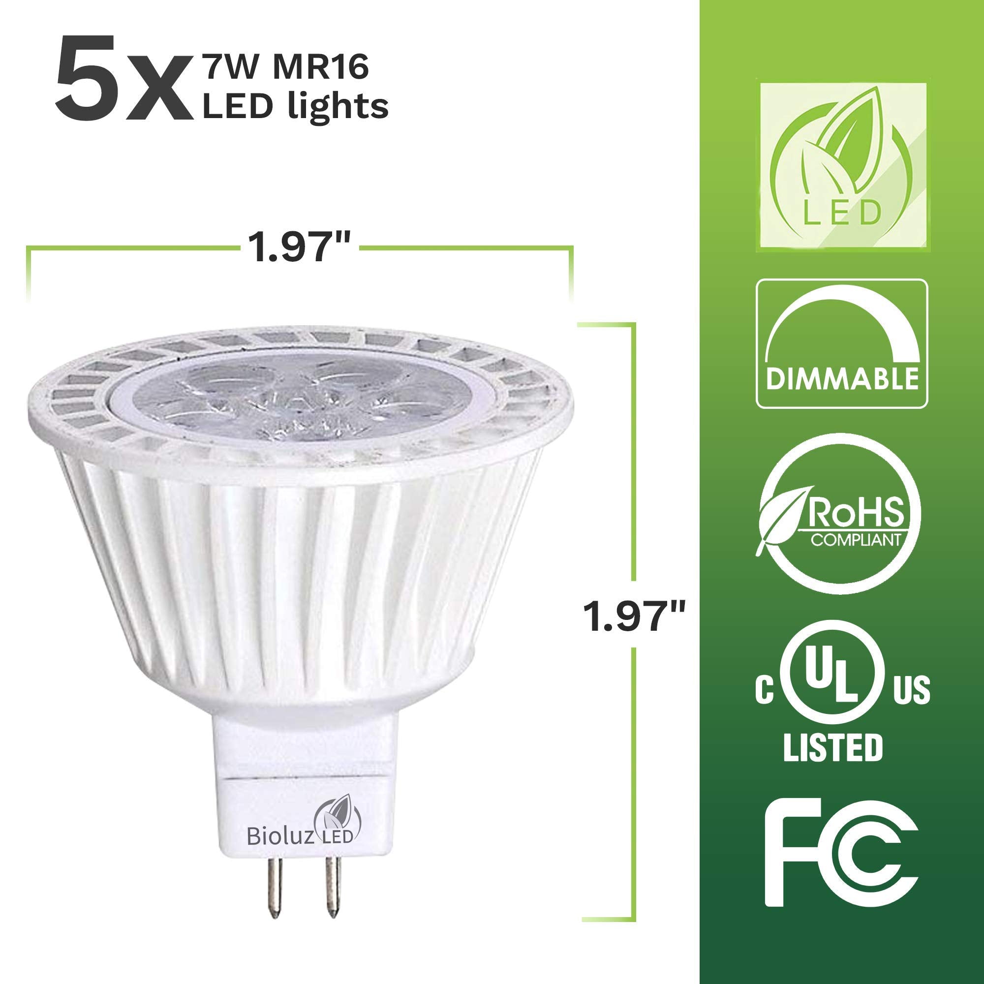 Bioluz LED MR16 Light Bulbs 7W Dimmable 50W Halogen Replacement 5 Pack 3000K UL Listed