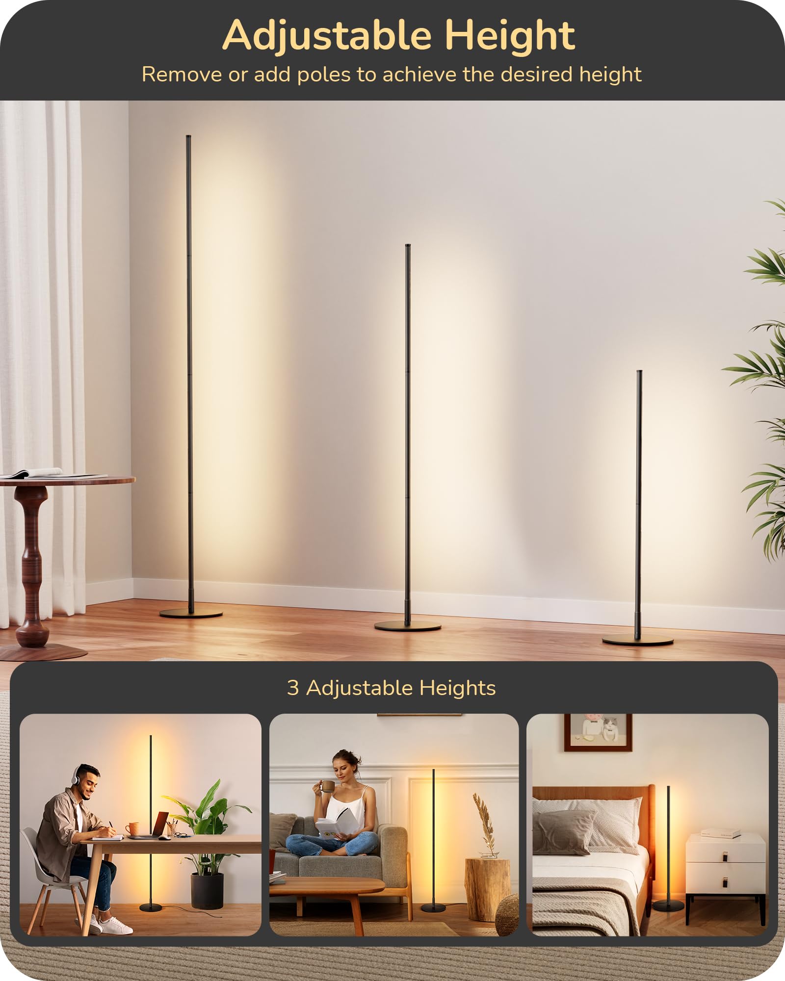 Edishine Modern Corner Floor Lamp, Set Of 2 Corner Light, Led Minimalist Lit Lamp, 57.5'' Tall Standing Lamp, 7 Color Temperatur