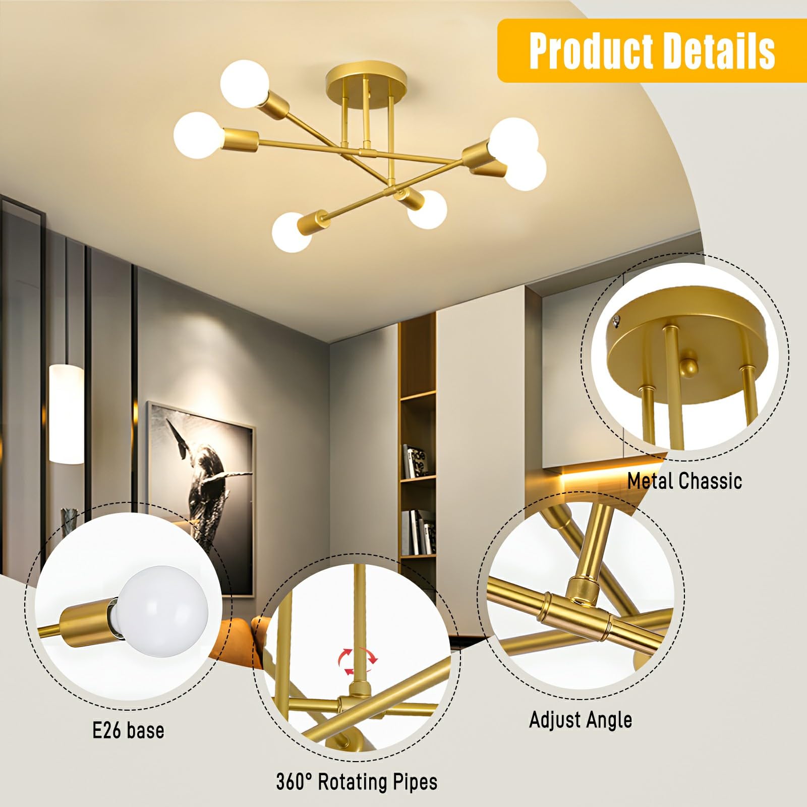Spoli Modern Sputnik Chandelier, 6-Light Ceiling Light Fixture, Gold Industrial Pendant Light Semi Flush Mount For Living Room D
