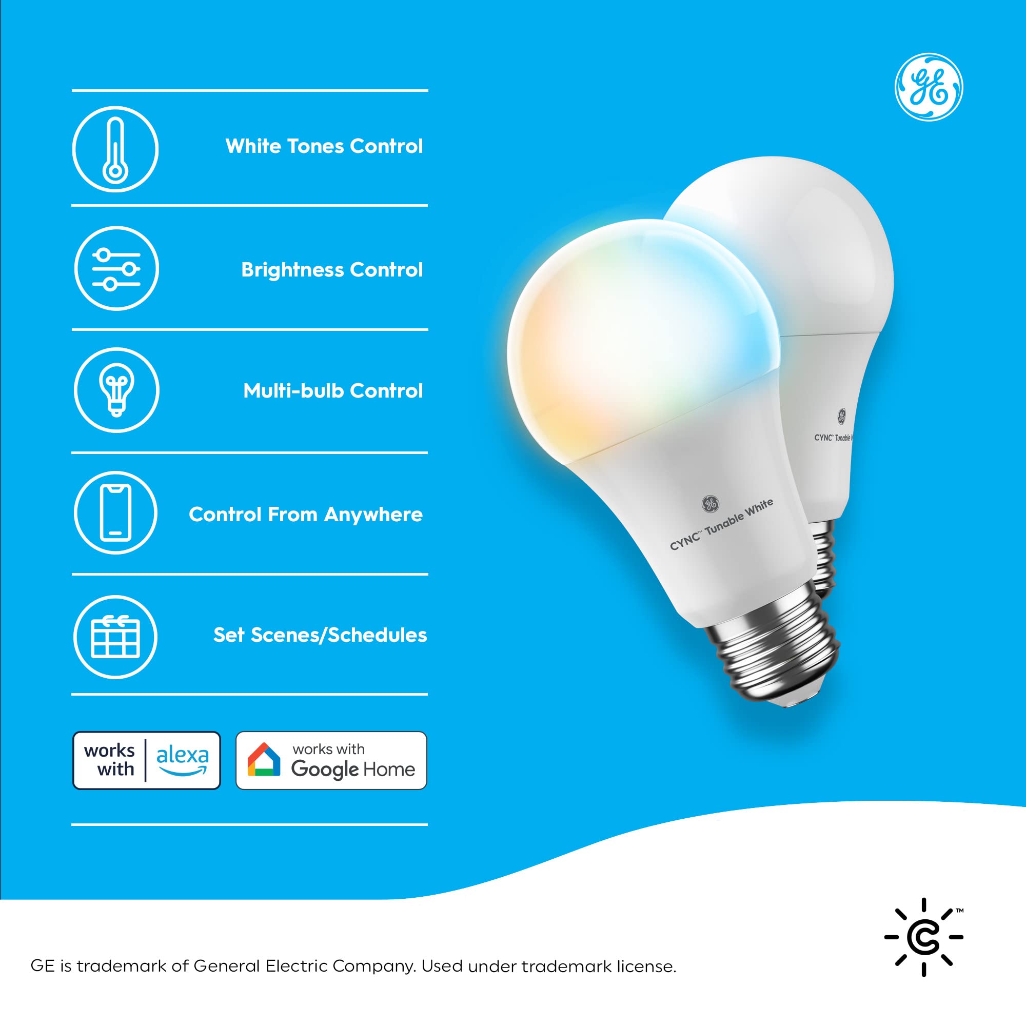 Cync Smart Tunable White A19 LED Light Bulbs, 60W Replacement, Bluetooth/Wi-Fi, 2-Pack, Plastic, Alexa & Google Home Compatible