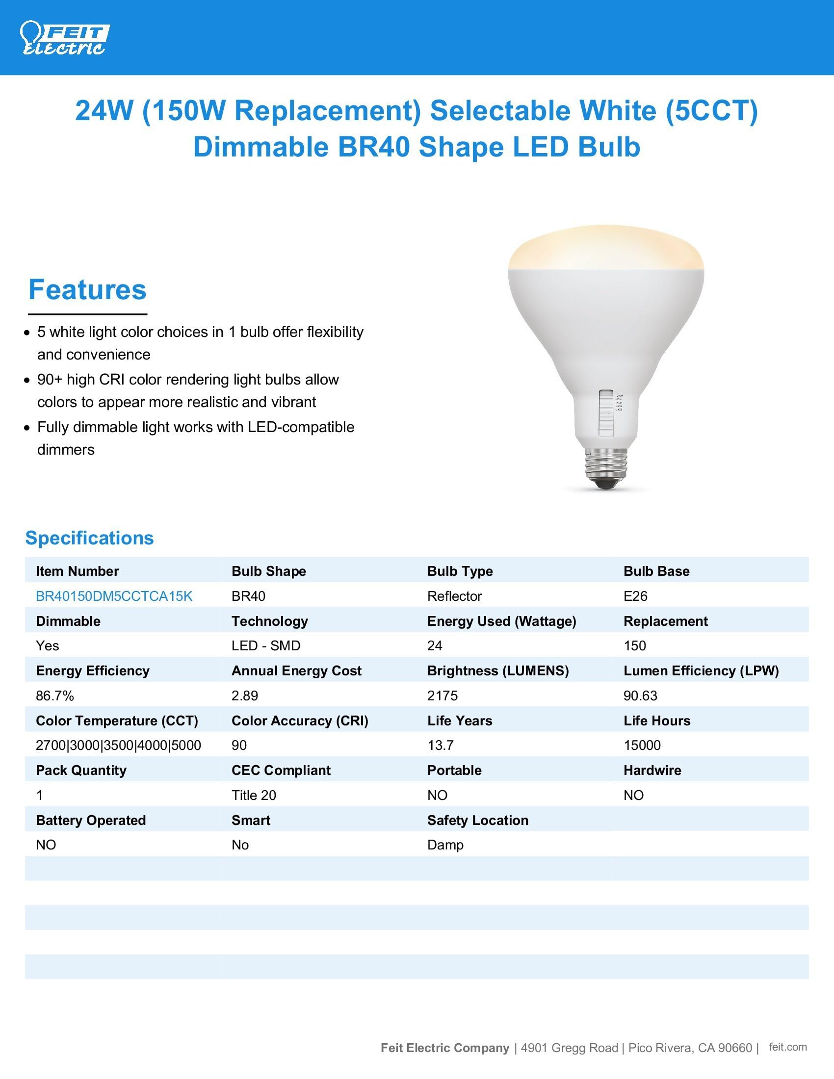 Feit Electric BR40 LED Light Bulb - 150W Equivalent, Dimmable, 5CCT, E26 Base, 2175 Lumens, White, 13.7 Years