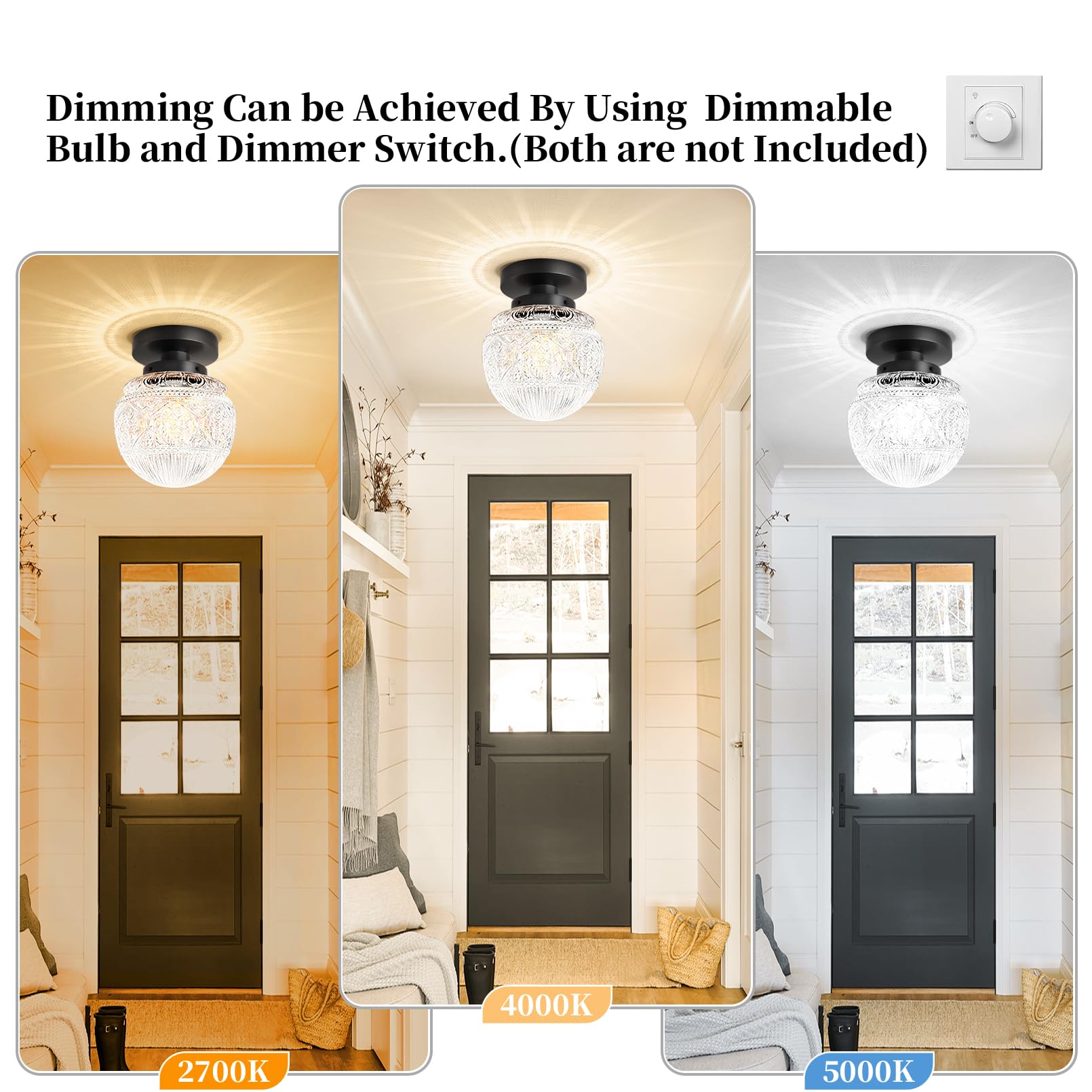 Apoto Black Semi Flush Mount, Globe Glass Small Modern Kitchen Light Fixture, Close To Ceiling Lights For Bedroom, Hallway, Porc