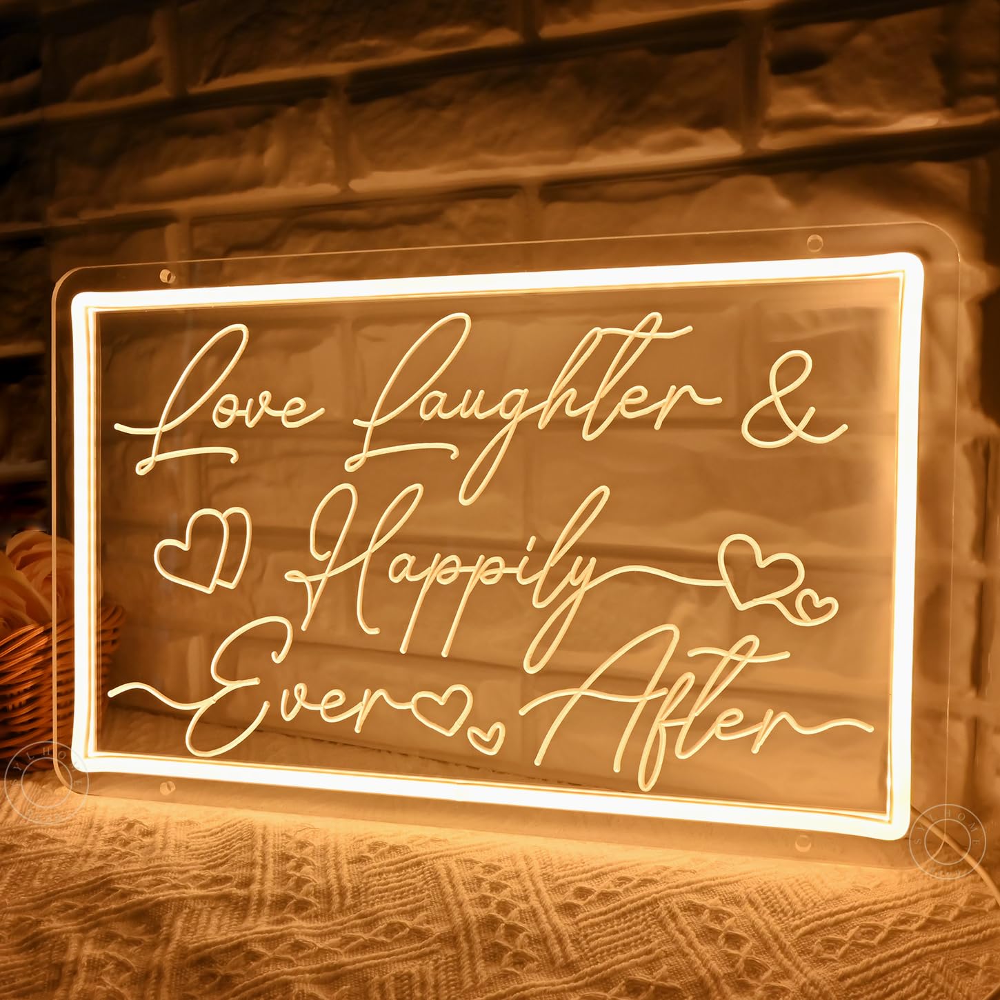 SYLHOME Led Neon Light Sign, Warm White Acrylic, 15.75in X 9.84in, Love Laughter Happily Ever After Decor for Home, Bedroom, Party