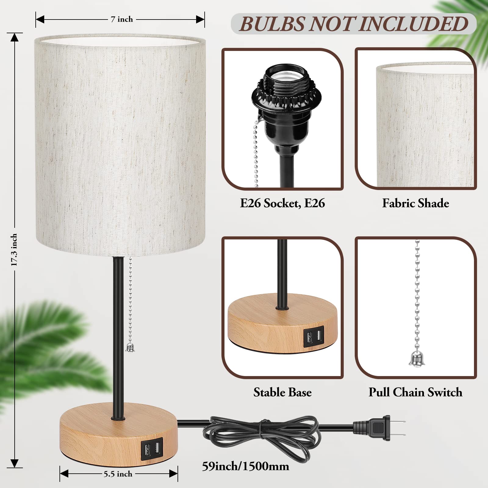Table Lamps Set Of 2 With Usb Charging Ports, Bedside Lamps With Ac Outlet, Nightstand Lamps With Pull Chain Switch, Minimalist