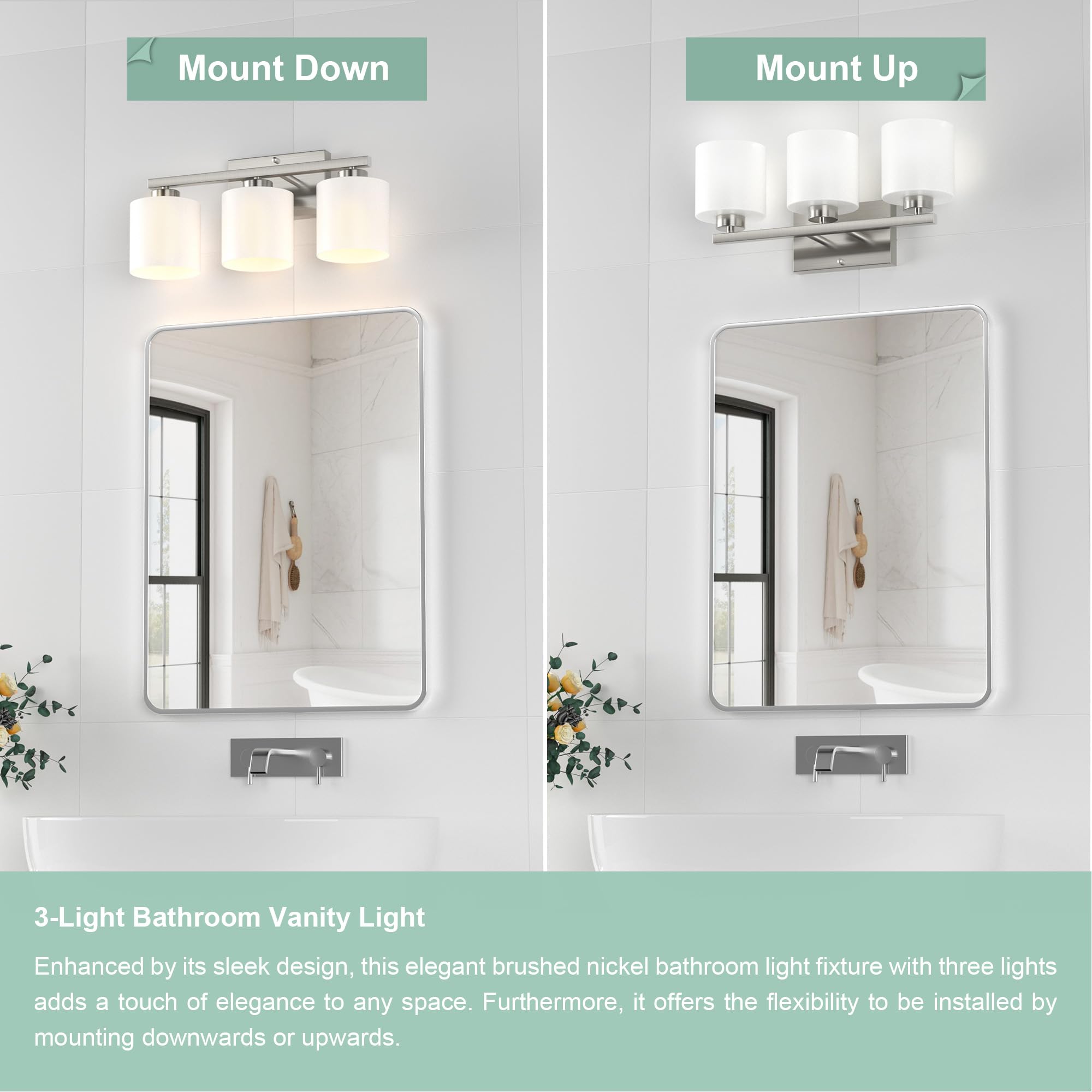 Honesorn 3-Light Bathroom Vanity Light, Brushed Nickel, Frosted Shade, Model TK-JQD-MS-YS-3, Anti-Rust Nickel Finish