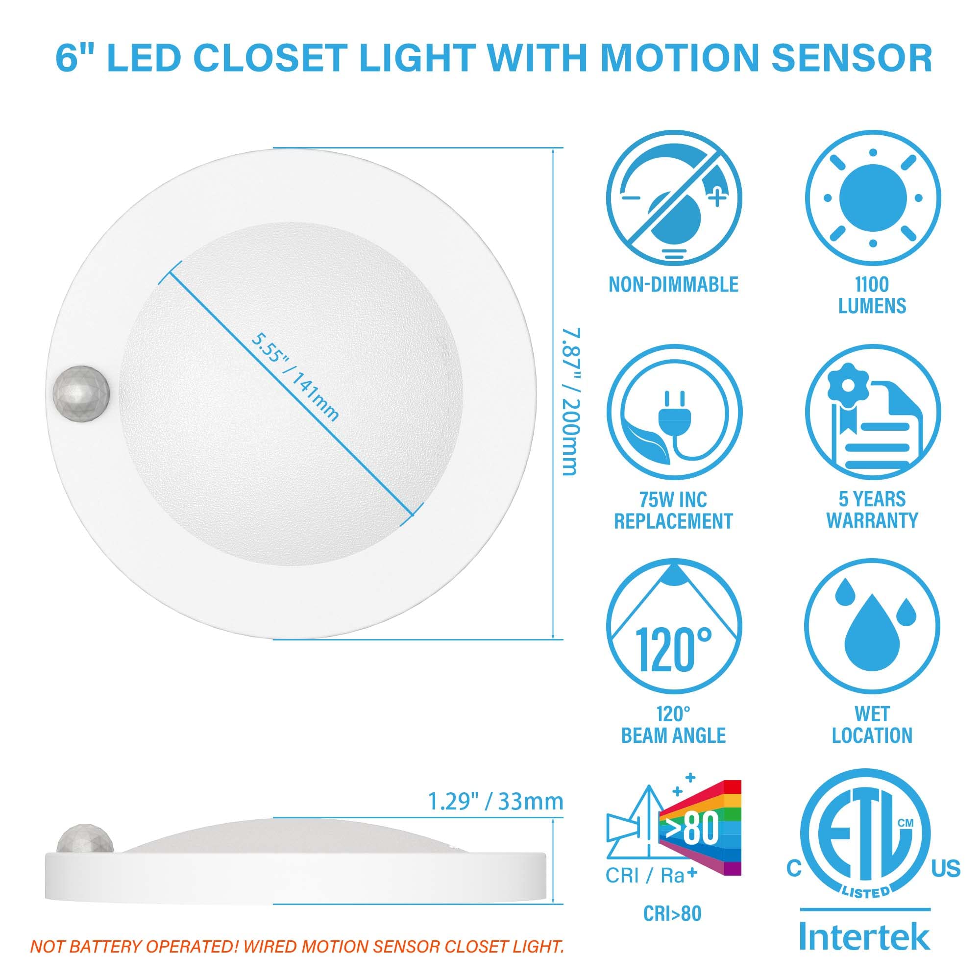 ZAGO LED Closet Light, 6" Wired Ceiling Disc, PIR Motion Sensor, 15W, 1100 Lumens, Matte White, 4 Packs, Model ZG-SL6-W