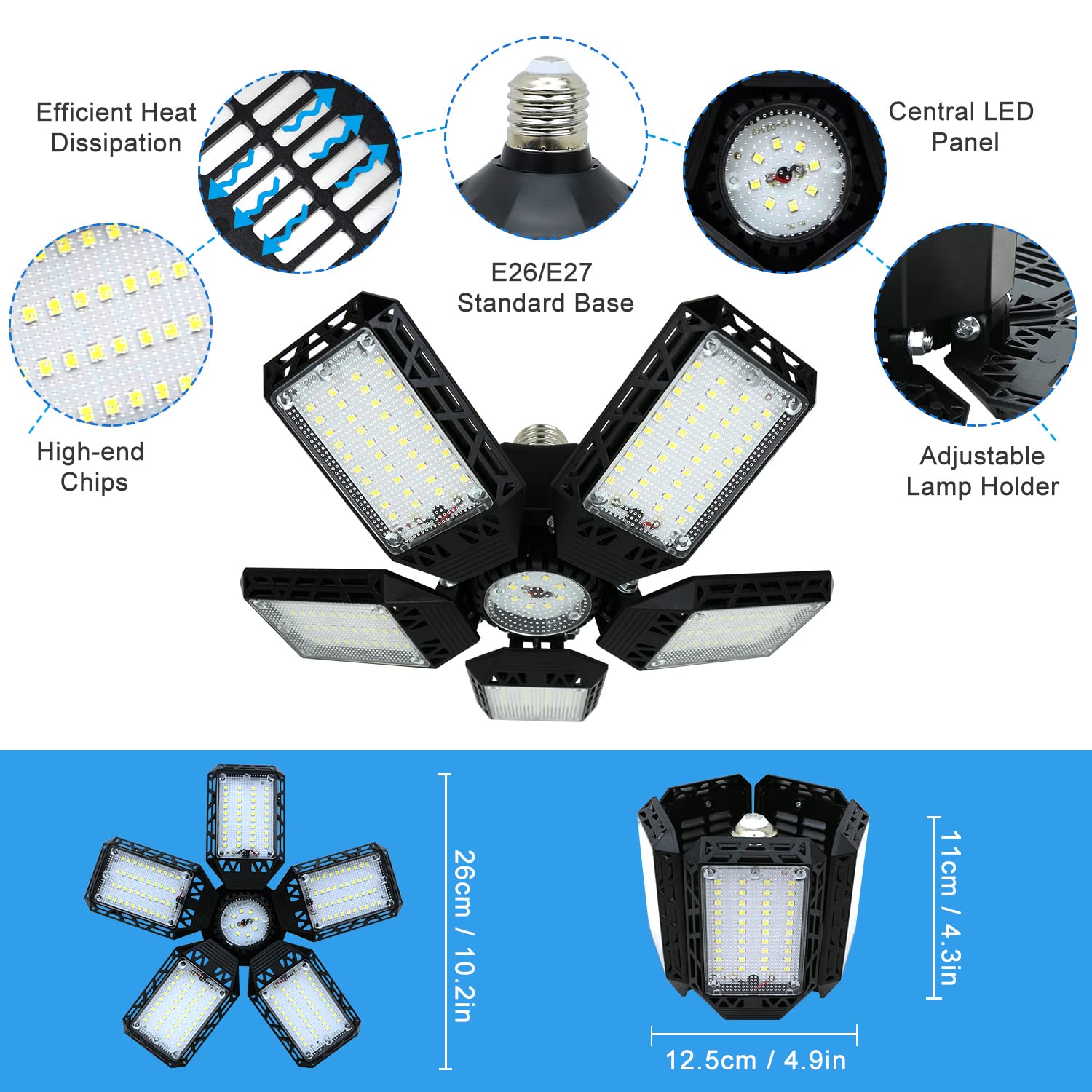 2Pack Led Garage Lights, 160W 16000Lm Led Garage Ceiling Light 6500K Led Shop Light With 5+1 Deformable Panels, Screw In E26/E27