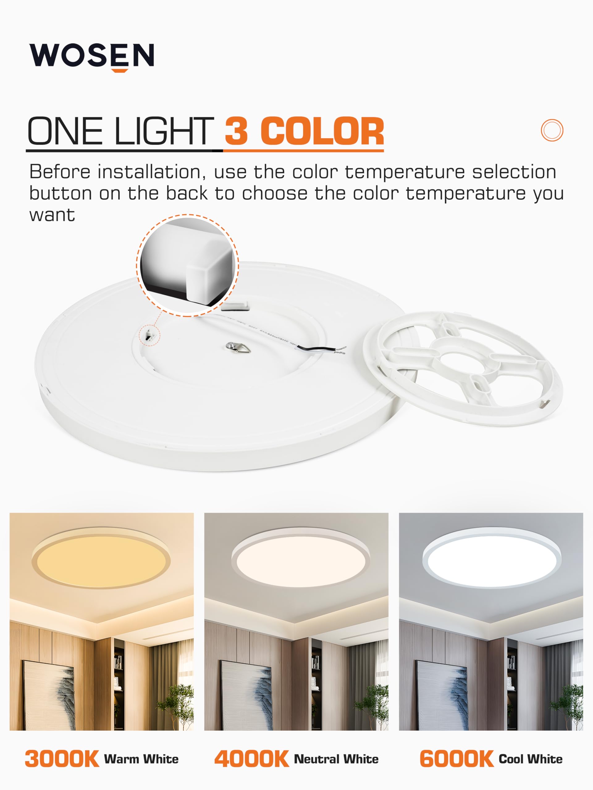 Wosen 6 Pack 12 Inch Round LED Flush Mount Ceiling Light, 24W 2400LM, 3000K/4000K/6000K, White Plastic for Bedroom,