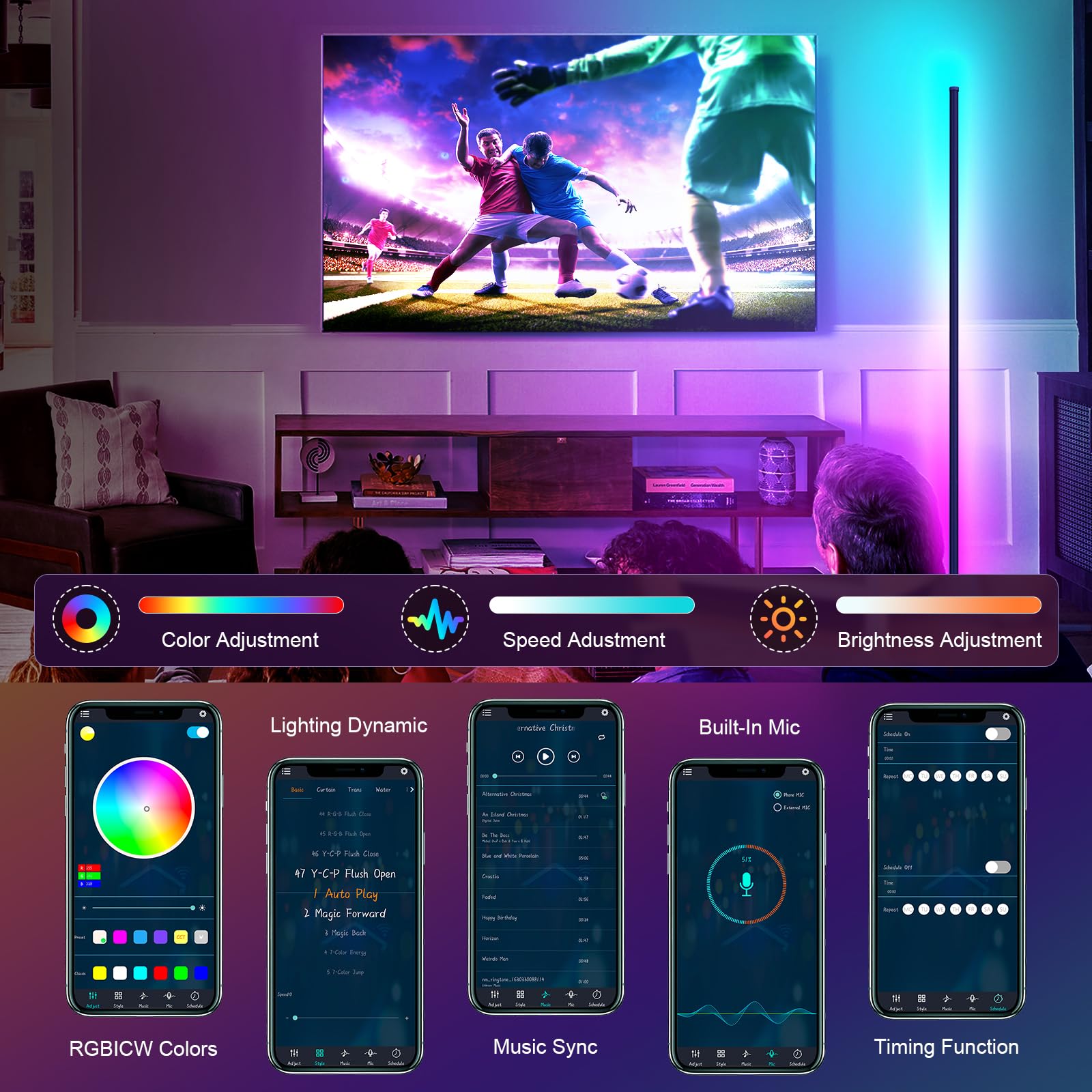 Tyute LED Corner Floor Lamp - 68+ Scenes, 16M Colors, 65" Smart RGB, Black Acrylic, Model LDD-CA, Mood Lighting for Bedroom & Gaming Room