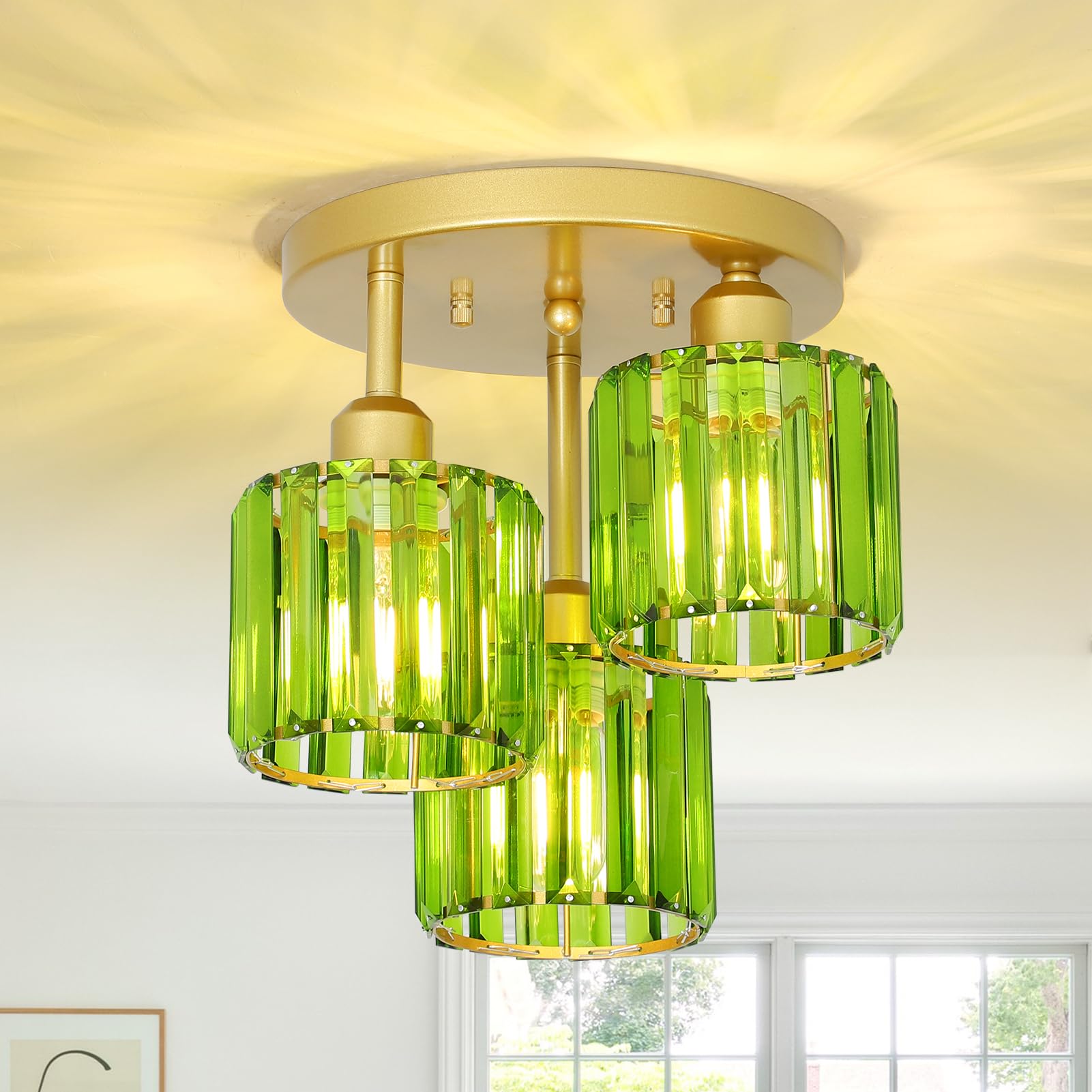 PAUFUL 3-Light Semi Flush Mount Ceiling Light, Green Crystal Shades, Model 250617A1