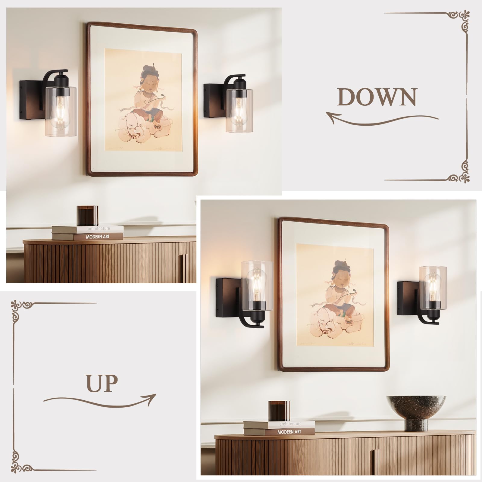 BELS Wall Sconces Set of 2, 8 Inch Dimmable Black Iron Fixtures with Clear Glass, Remote Control, Model VL-1195WT-BK-2P