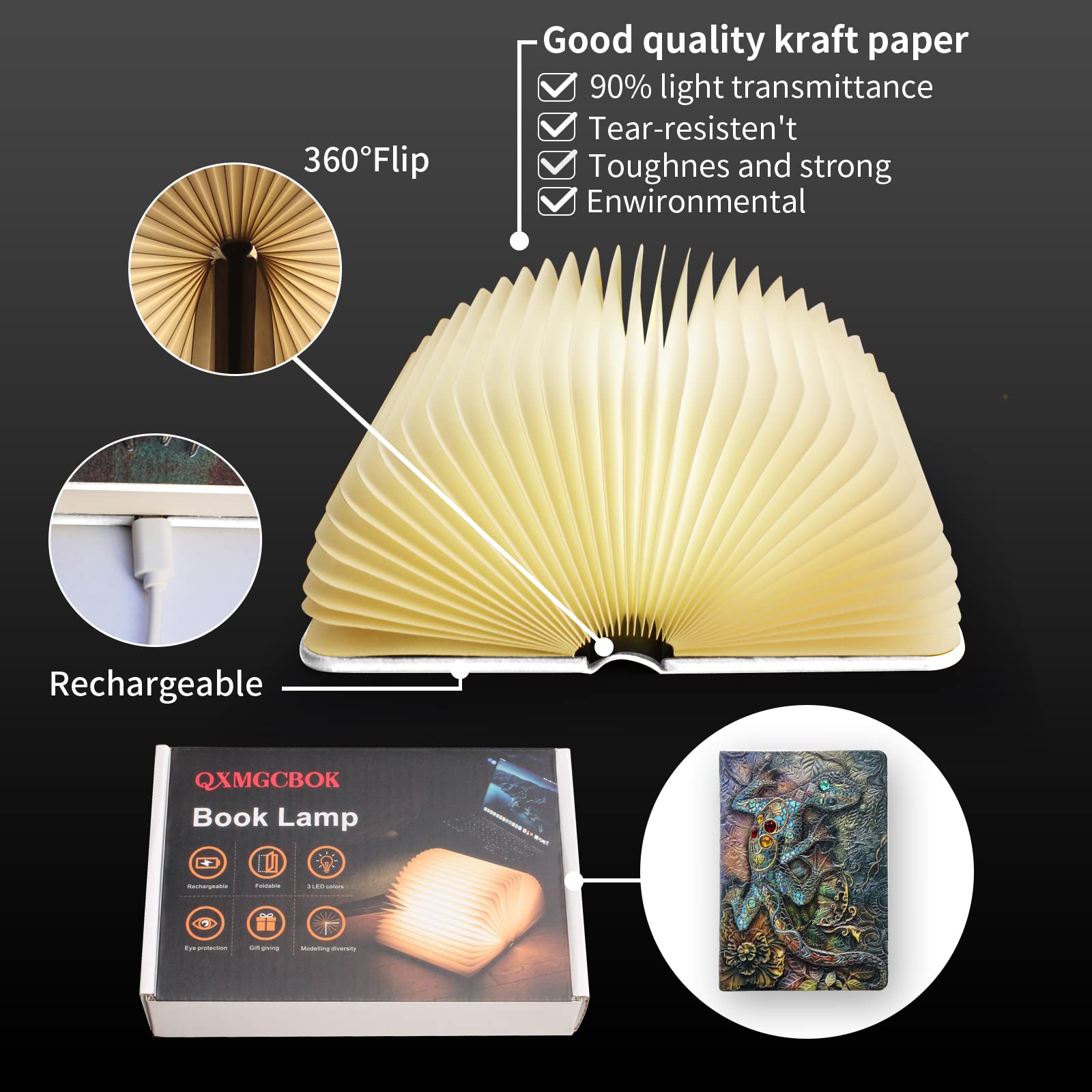 QXMGCBOK Folding Book Lamp - Rechargeable Color Changing Lizard Embossed Mood Light, Large Size, White/Warm Yellow/Purple