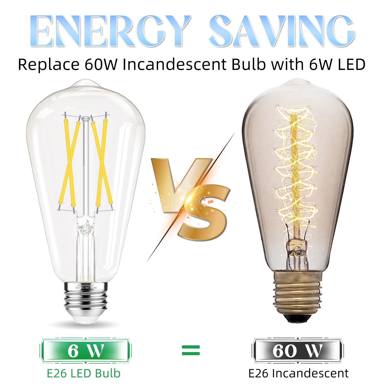 Gvvoohome Edison Bulbs 60 Watt Led, E26 Bulb Non-Dimmable, Cool White 4000K, St58 Vintage Light Bulbs, 90+ Cri, 6W 600Lm, E26 Me