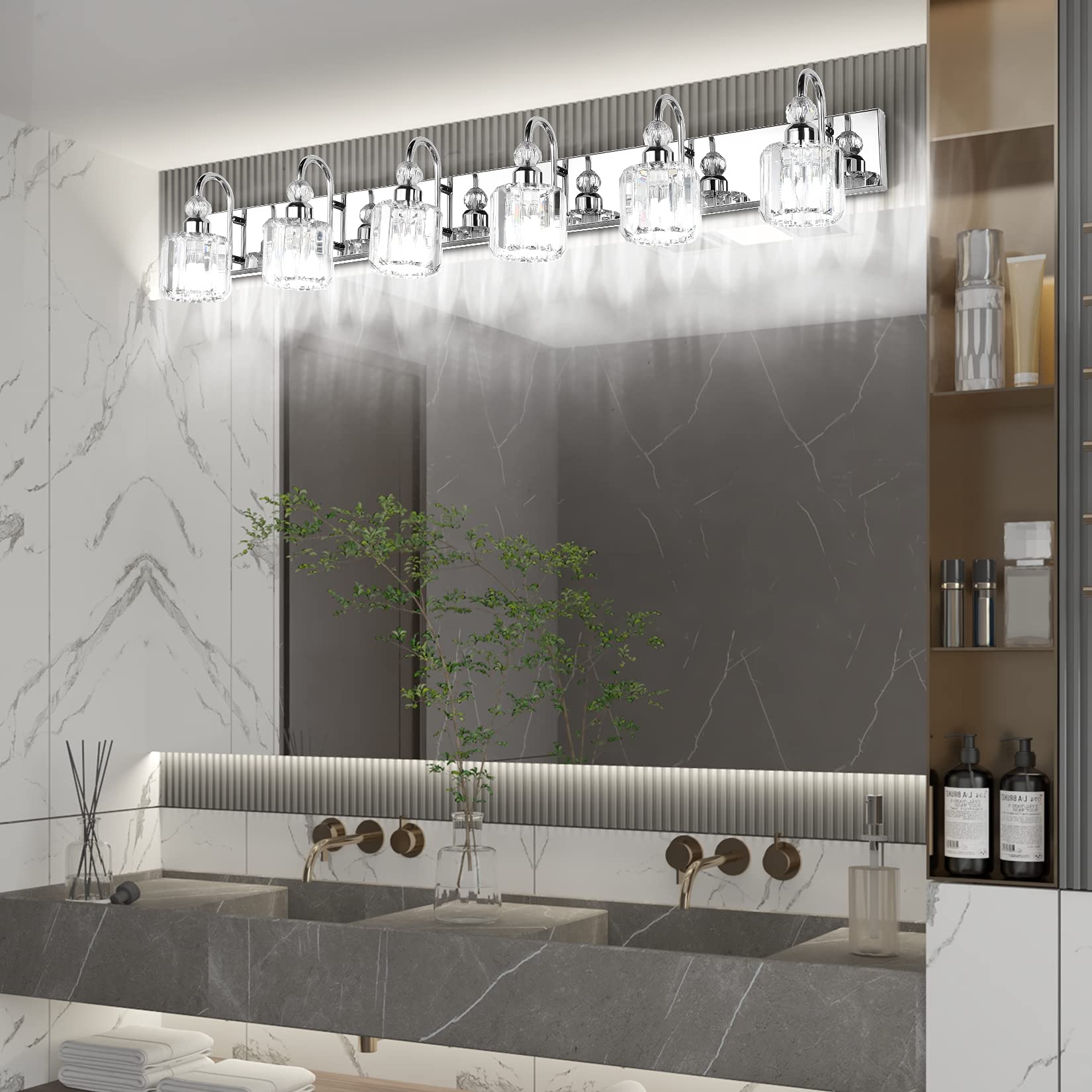 Ralbay Modern Crystal Vanity Lights 6-Lights Stainless Steel Crystal Bathroom Vanity Lights Over Long Mirror Modern Crystal Vani