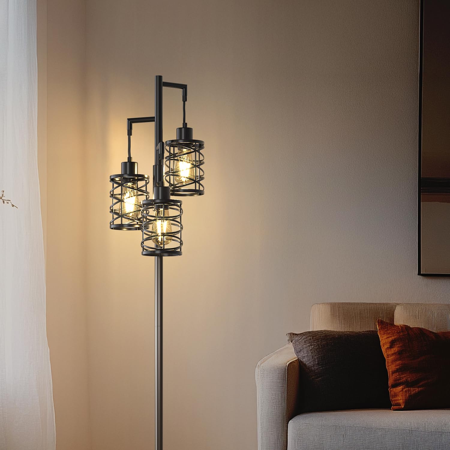 Oneach 68'' Industrial Standing Floor Lamp, Stepless Dim Light With 3 Bulbs, Farmhouse & Corner Design, Tall Lamp For Home And O