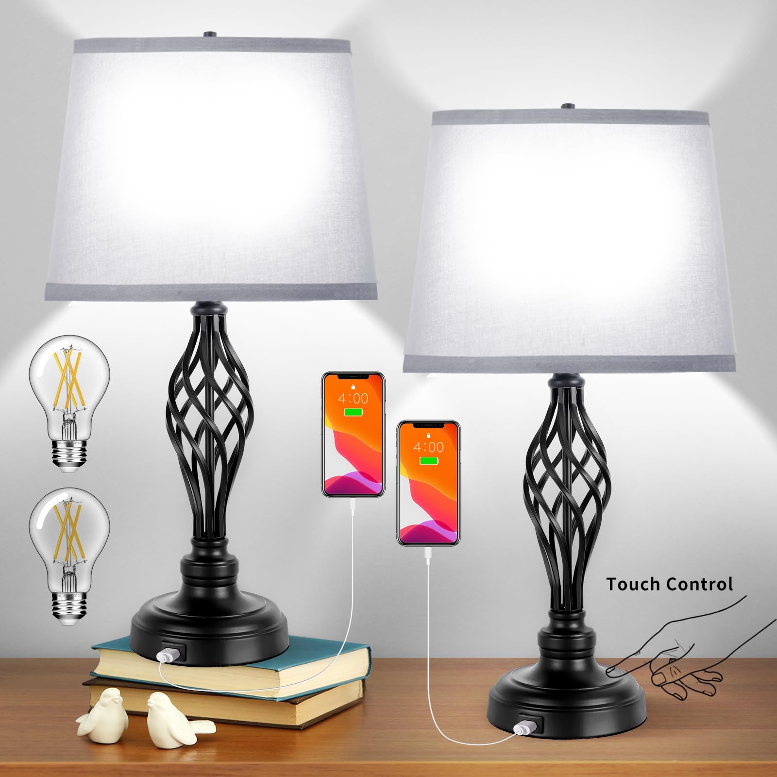22inch Bedside Lamps Set of 2 with USB Port & Outlet, 3Way Dimmable Touch Lamps for Living Room, Black Spiral Cage Base, Fabric Gr