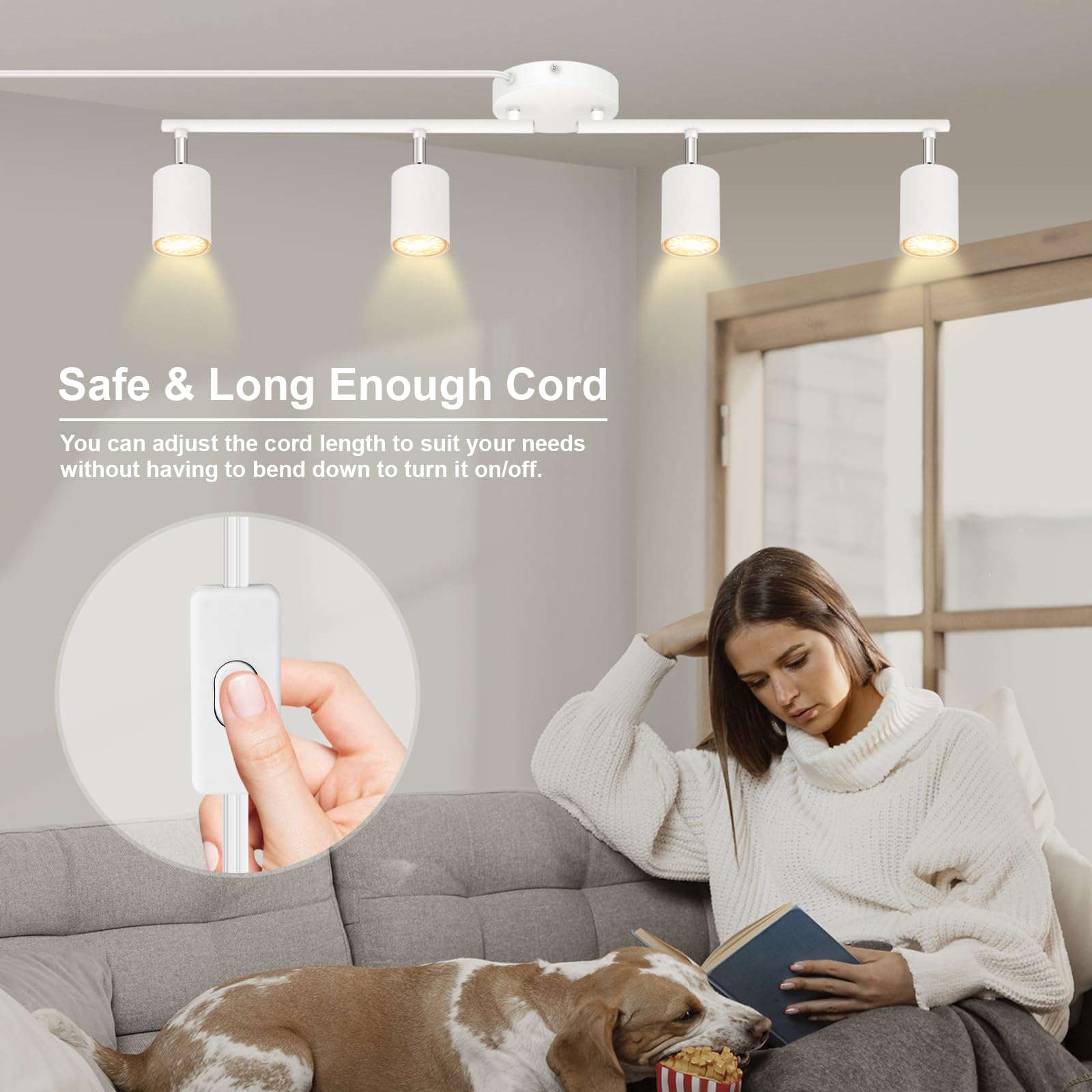 Bricosmocon 4-Light Track Lighting Kit, White Metal Ceiling Fixture, GU10 Socket, 14.8ft Power Cord, Rotatable Spotlights