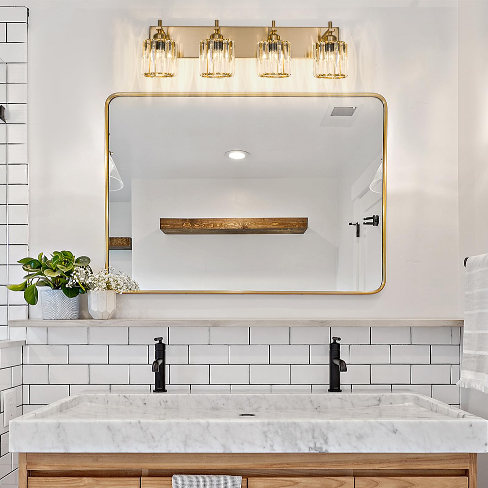 HUOKU Modern Crystal Bathroom Vanity Lights, 4-Light, Gold Finish, Metal and Crystal, Over Mirror Fixtures