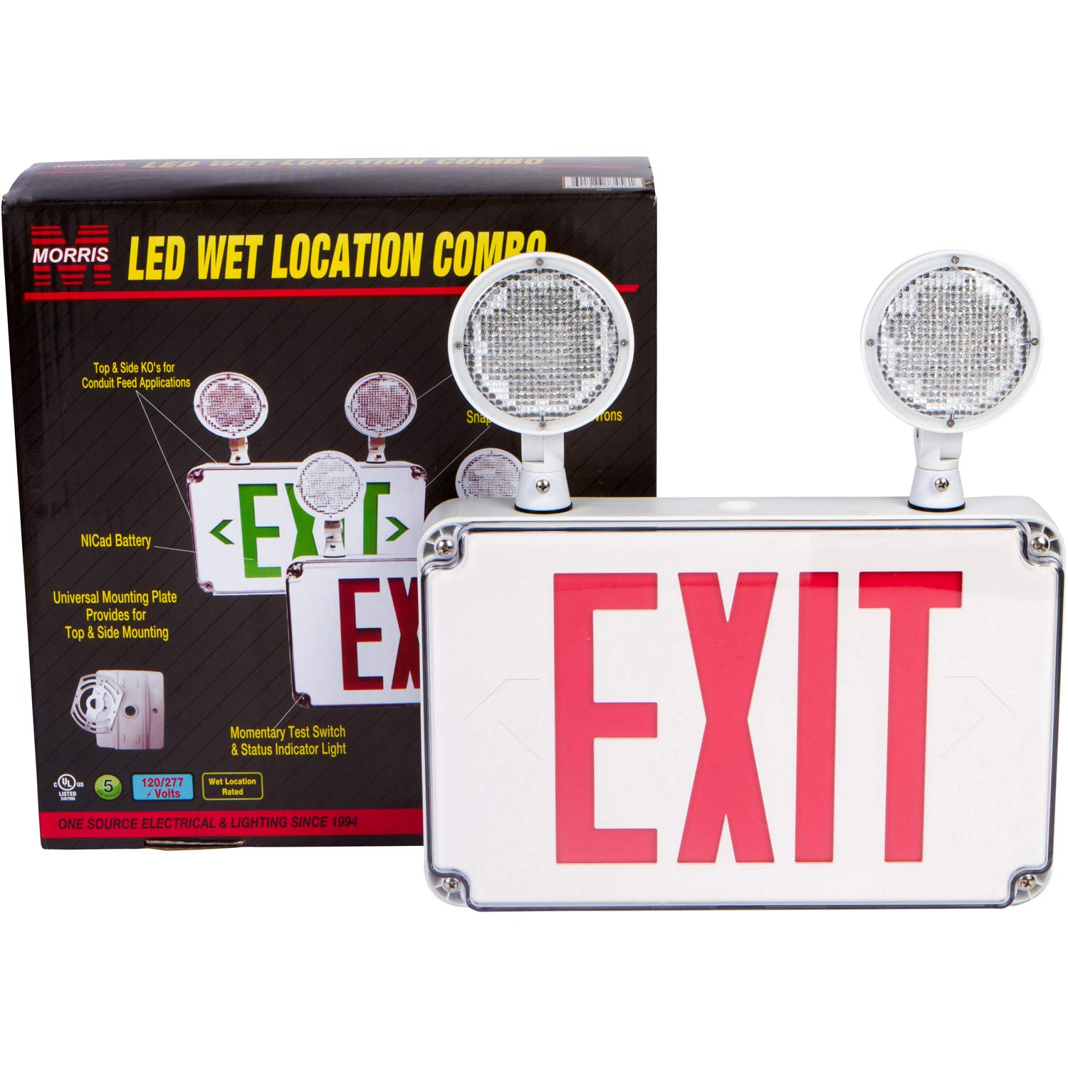 Morris LED Wet Location Combo Exit Sign & Emergency Light, Red Legend, Model 73456, Not Remote Capable, White Housing