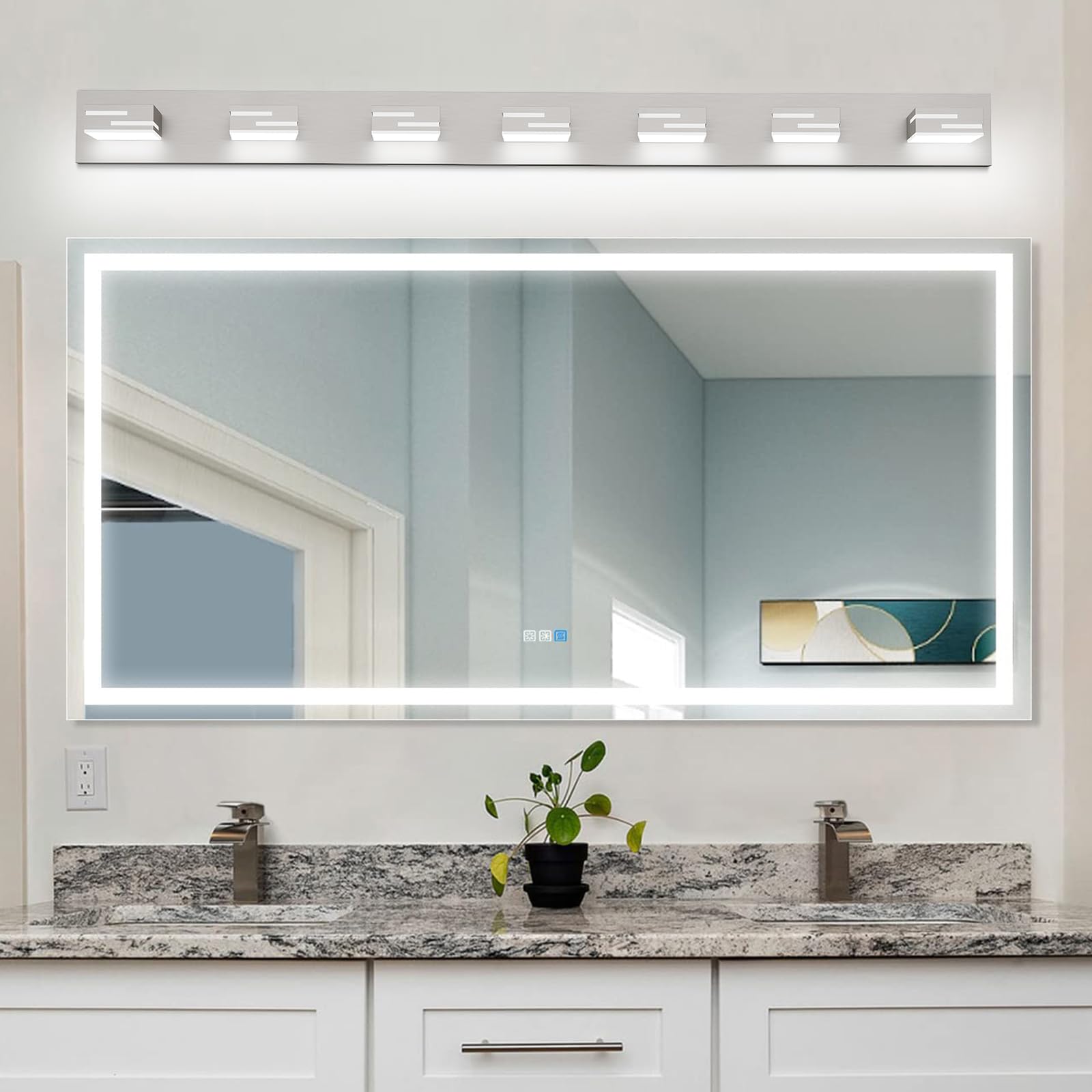 Lkhf Led Modern Bathroom Vanity Light Fixtures  7-Light 48-Inch Dimmable Brushed Nickel Vanity Lights For Bathroom Lighting Fixtures Over Mirror  With 350?Rotatable Acrylic Heads (Cool White 6000K)