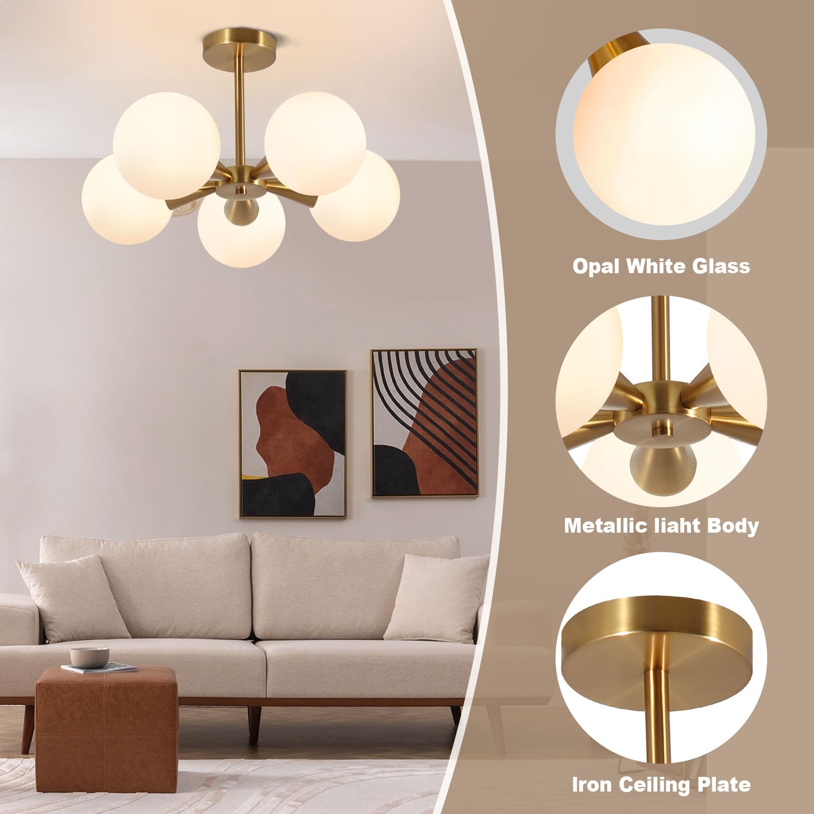 Bektas 5-Light Semi Flush Mount Ceiling Light Fixture, Brushed Gold, Milk Glass Globe, Model 305-230757BA-US479