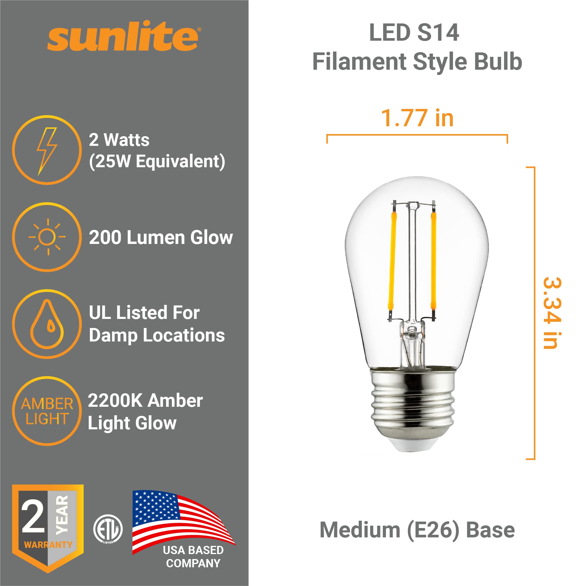Sunlite LED S14 Filament Bulb, Dimmable, 2W (25W Equivalent), 200 Lumens, Medium Base (E26), 2700K Warm White,
