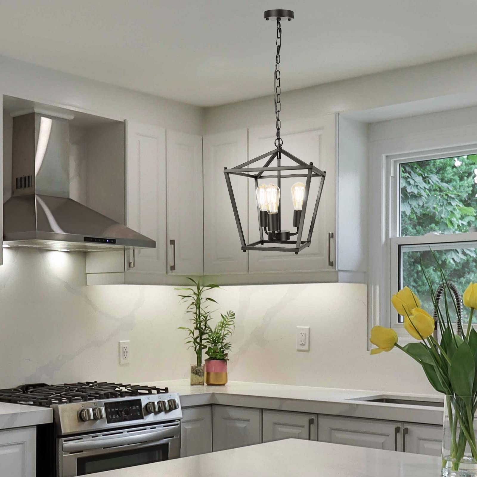 Unicozin Black Lantern Pendant Light, 3-Light Metal Chandelier, Adjustable Height, Geometric E26, KD-9104s