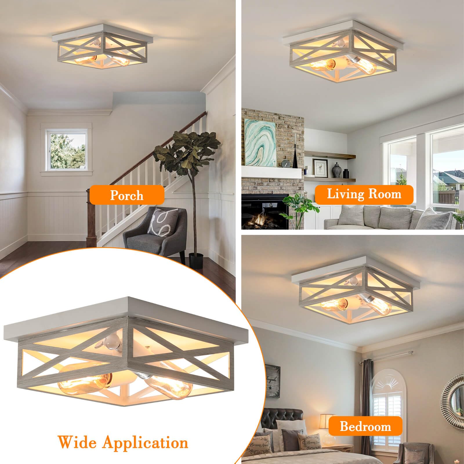 Dikaida White Farmhouse Ceiling Light Fixtures, Industrial Kitchen Ceiling Light Fixture For Bedroom, 2-Light Rustic Metal Finis