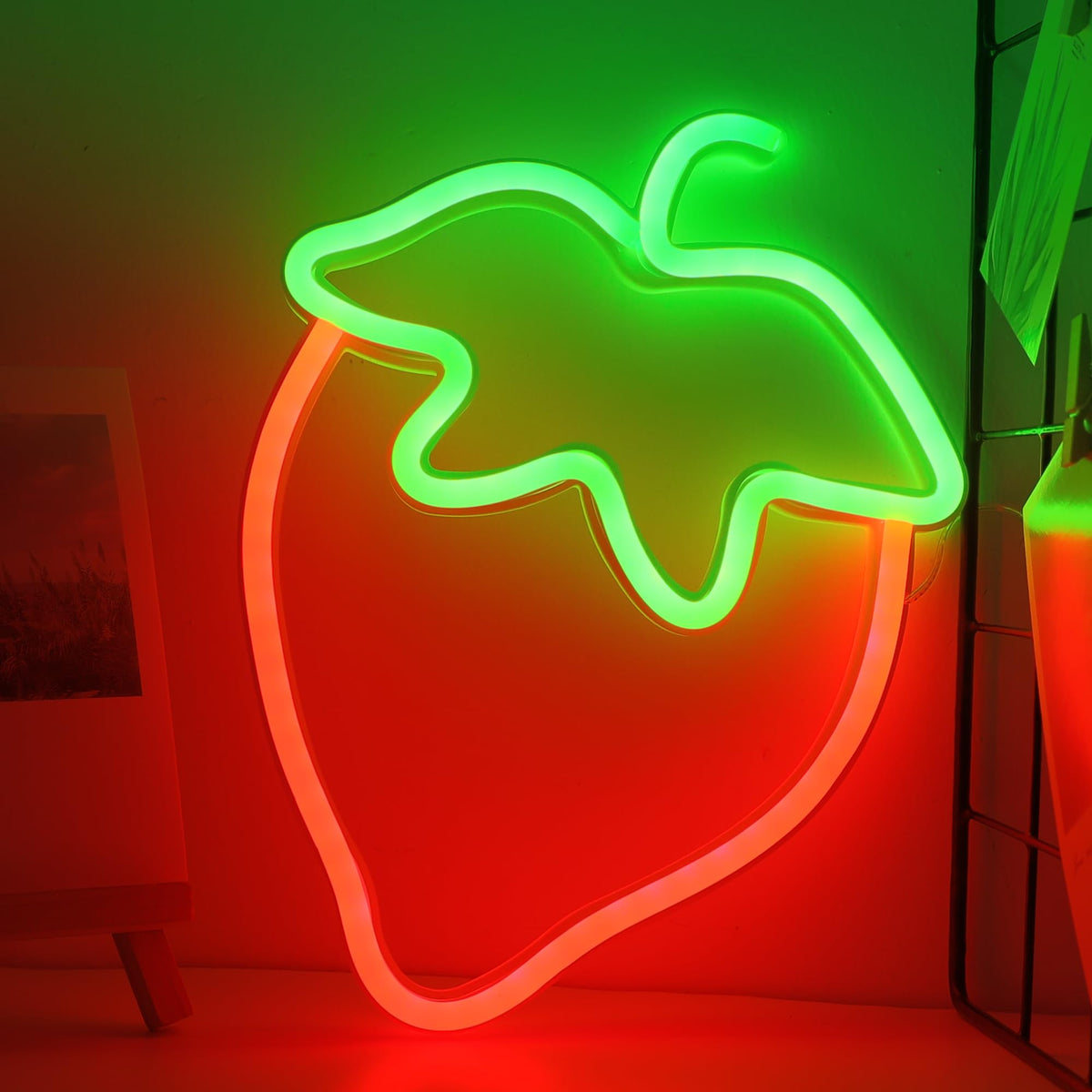 Enuoli Strawberry Neon Sign Red Green Color Led Sign Fruit Shape Neon ...