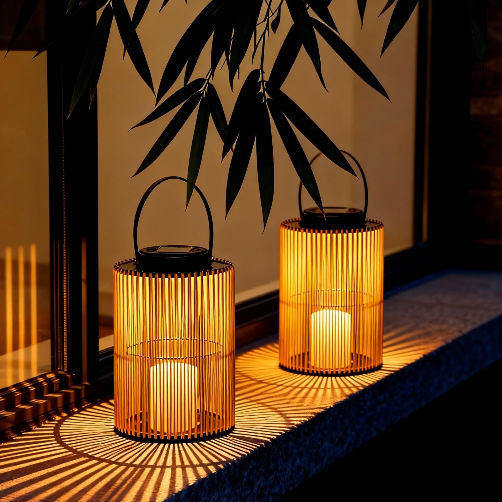 LEOKED 2 Pack Solar Lanterns Outdoor Waterproof, Cylindrical Shape Solar Lantern with Handle, Hand-Wound Outdoor Lantern Dusk to