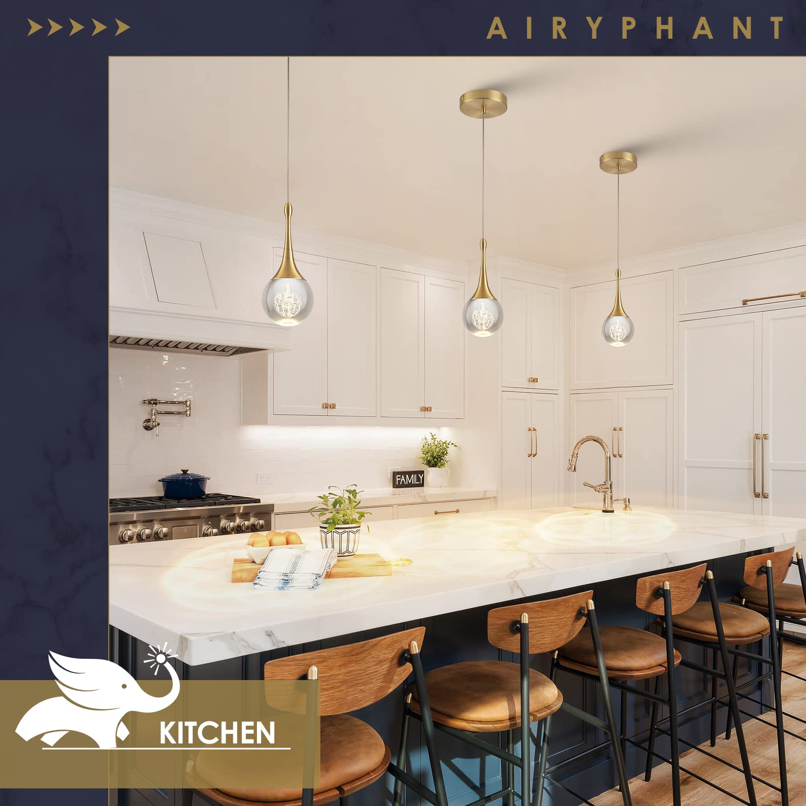 Airyphant Modern Led Pendant Light For Kitchen Island, Dimmable Gold Teardrop Crystal Ceiling Pendant Lighting For Dining Room B