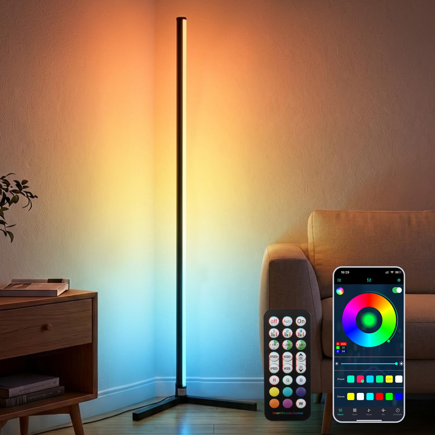 WUTGHUI RGB Floor Lamp LED Corner Floor lamp smart Floor lamp with Music Sync Lighting, App & Remote Control, 16 Million Colors 