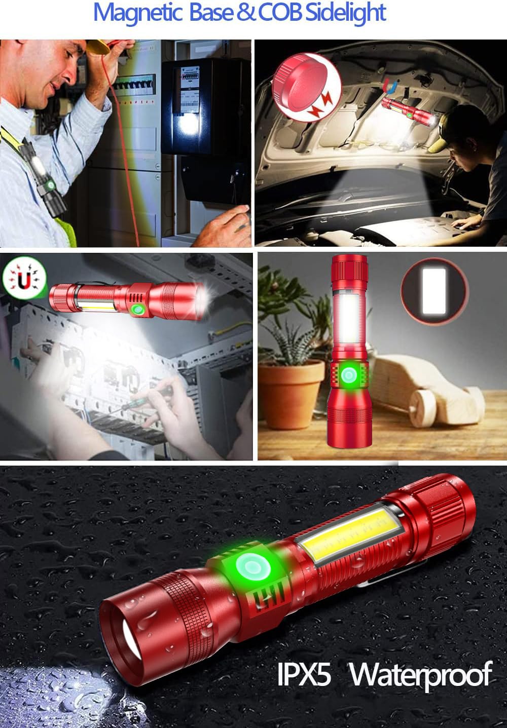 Hoxida UV Flashlight Rechargeable 3-in-1 Tactical LED 1500 Lumen Zoomable Waterproof Red Model 016-1