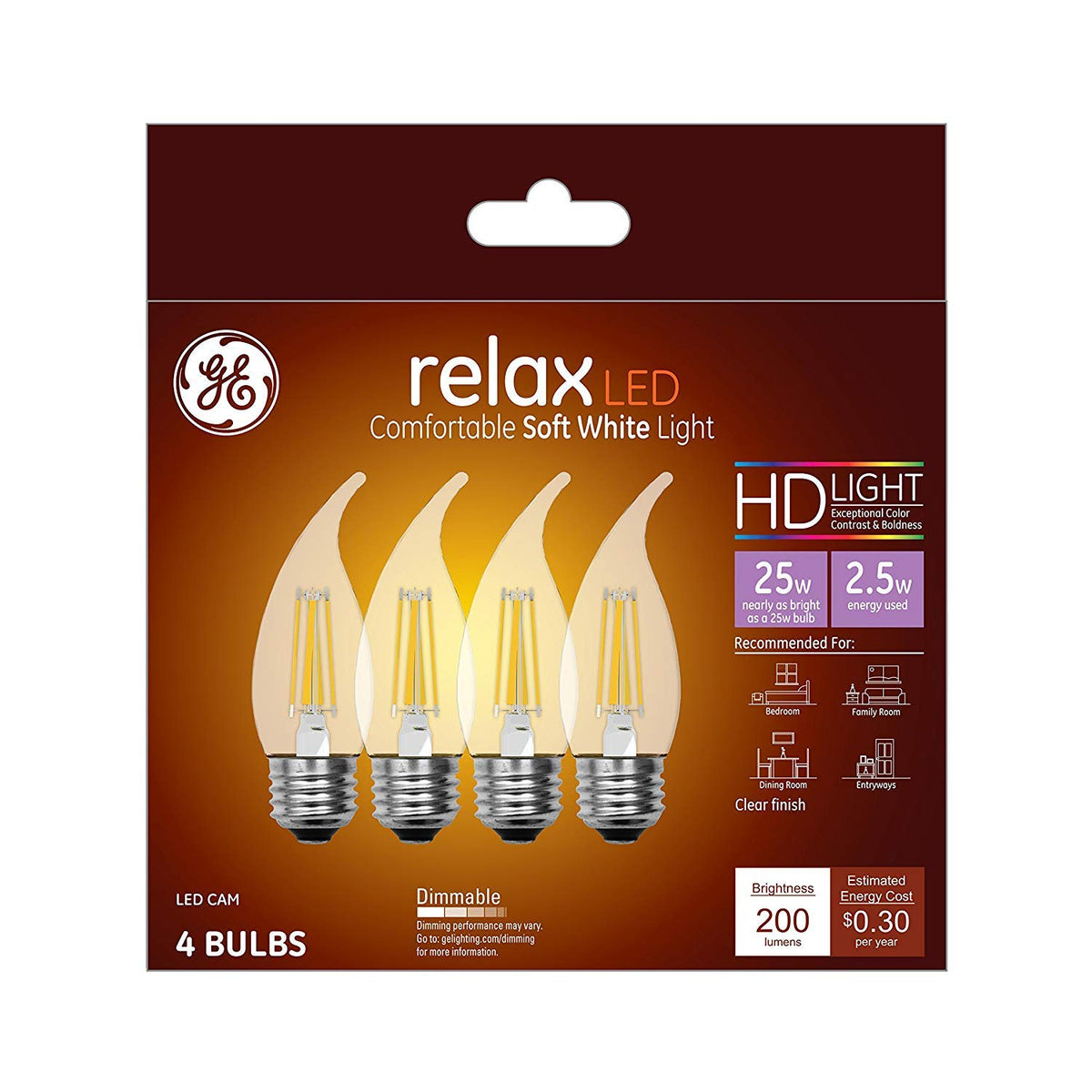 Ge Relax Hd Led Candle Bulb, Soft White, 200 Lumens, 25W Equivalent, 4-Pack