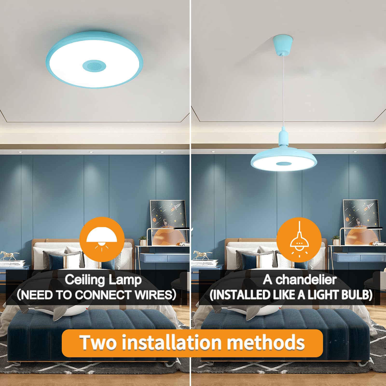 Asall Sky Blue Waterproof Led Ceiling Light Fixture,Music Ceiling Lamp,With Bluetooth Speaker,11Inch 18W, 2700K-6500K Dimmable R
