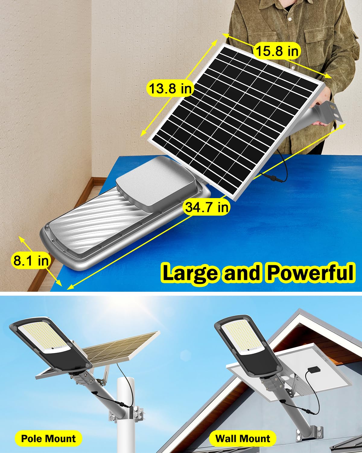 Engrepo Solar Street Lights - 15-Hour Runtime, IP65 Waterproof, Remote Control, LED Flood Light for Wall/Parking Lot, Black, Model AX-YYC-200W