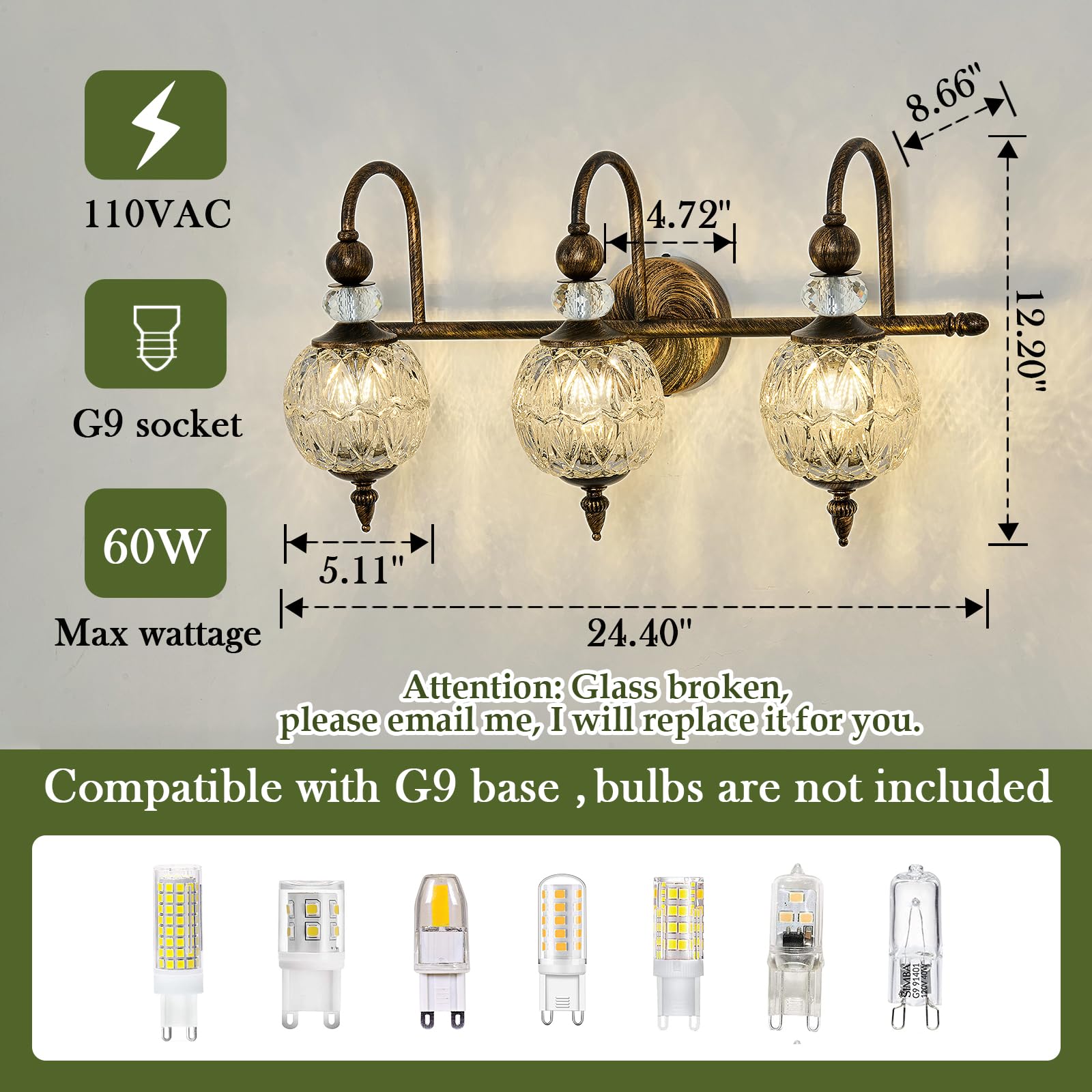 Piepooye Vintage Bathroom Light Fixtures Bronze Vanity Light With Glass Globe Lampshade 3 Lights Mid Century G9 Bulb Wall Sconce