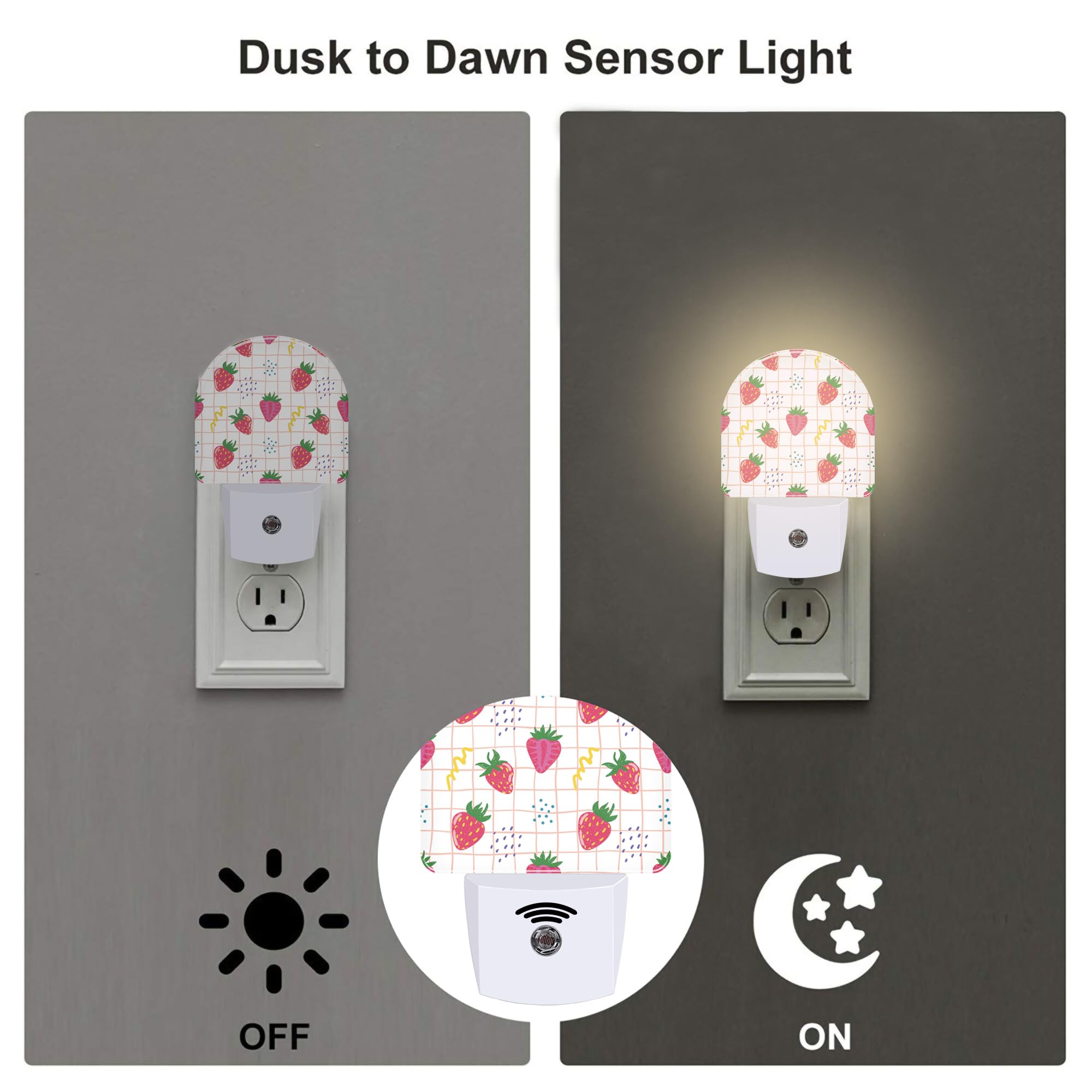 Sndheke Cute Red Strawberries Night Light Plug Into Wall, Abstract Funny Fruits Dusk To Dawn Night Light Plug In,0.5W Energy Sav