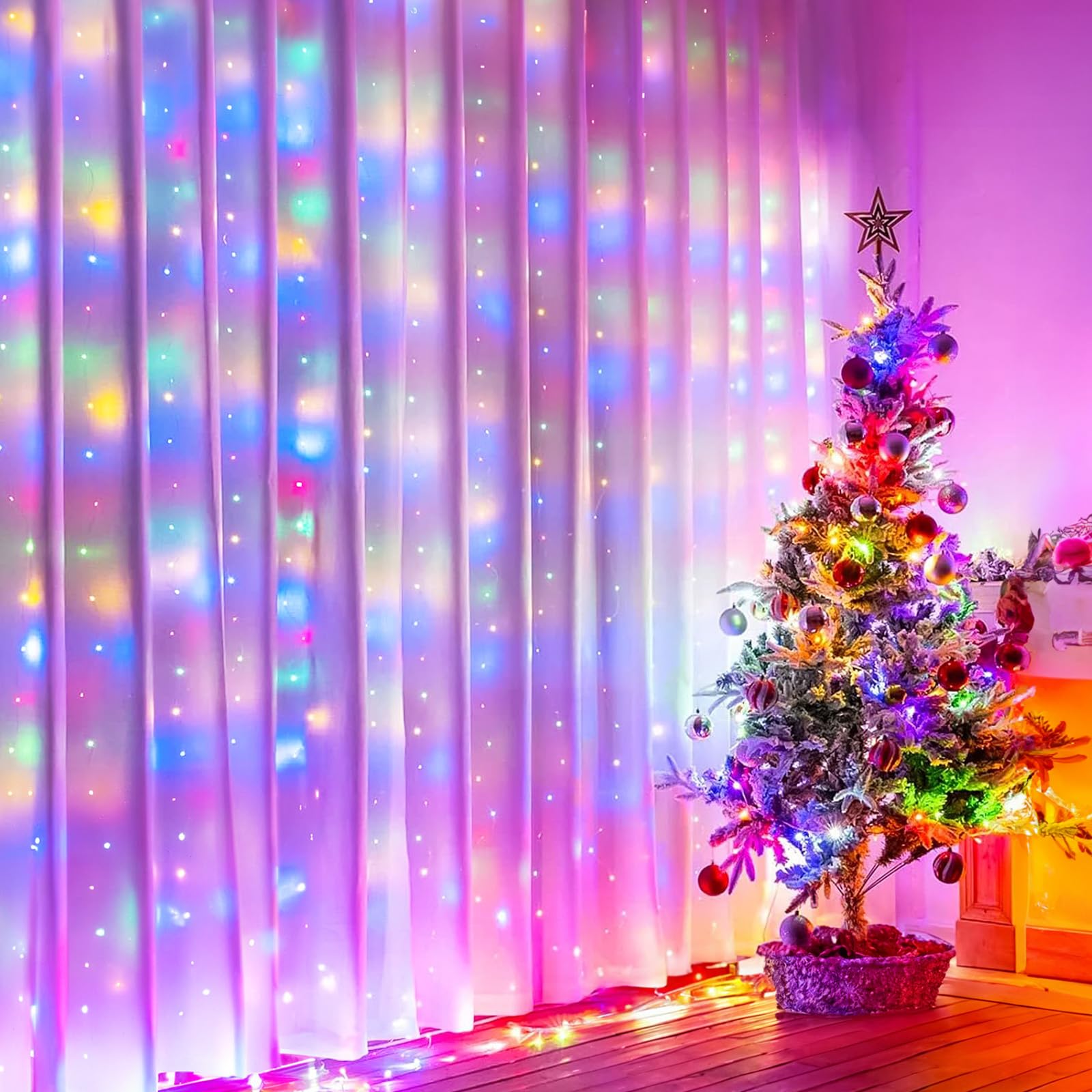 Minetom 300 LED Dimmable Curtain Lights, USB Powered Fairy Lights with Remote, 8 Modes, Multicolor, 1 Pack