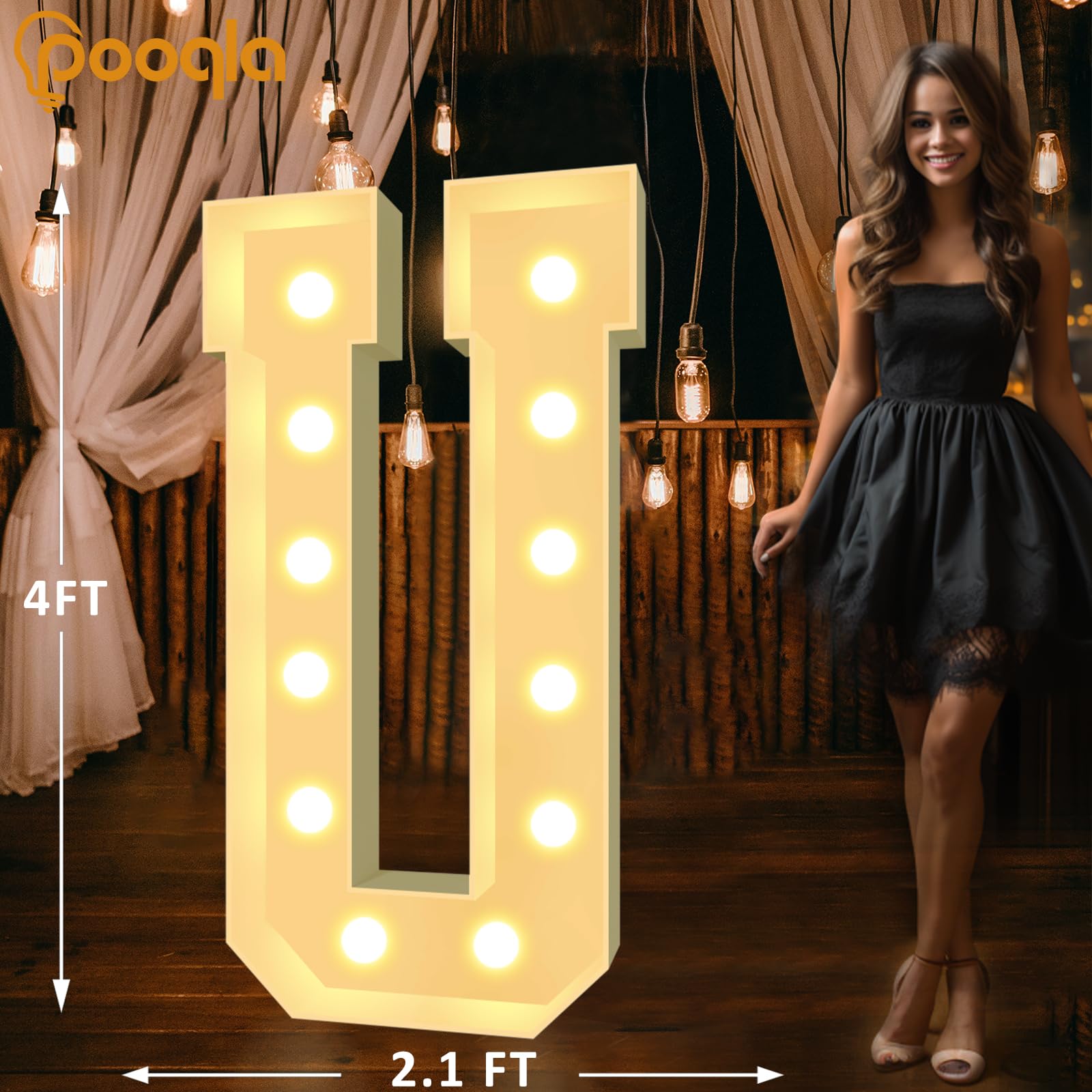Pooqla Marquee Light Up Letter U, 4FT Giant LED Sign, Cool White & Warm White, Perfect for Birthday & Wedding Decorations