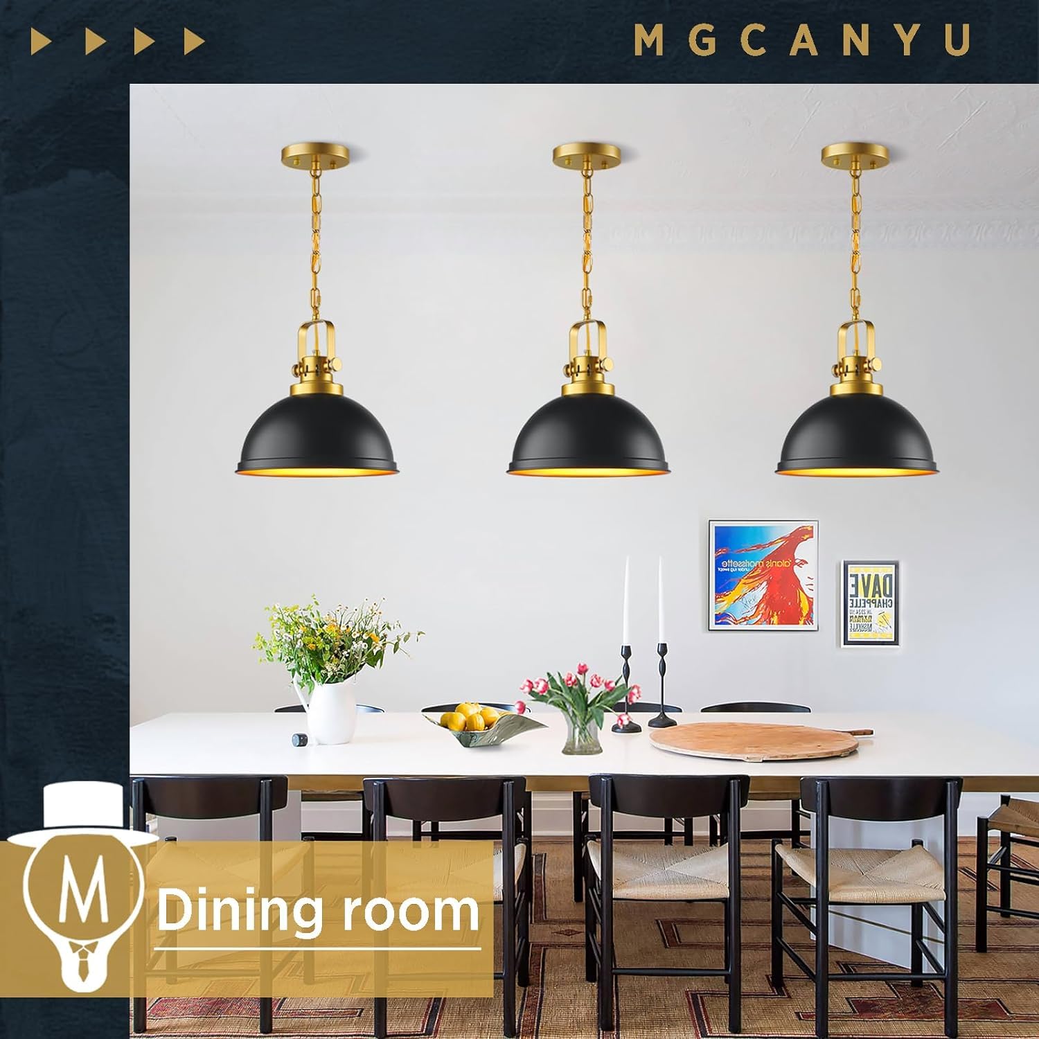 Mgcanyu 2-Pack Black Gold Pendant Lights, 12in Matte Black Metal Fixture for Kitchen, Dining Room, Industrial Style, Model M-XT-D