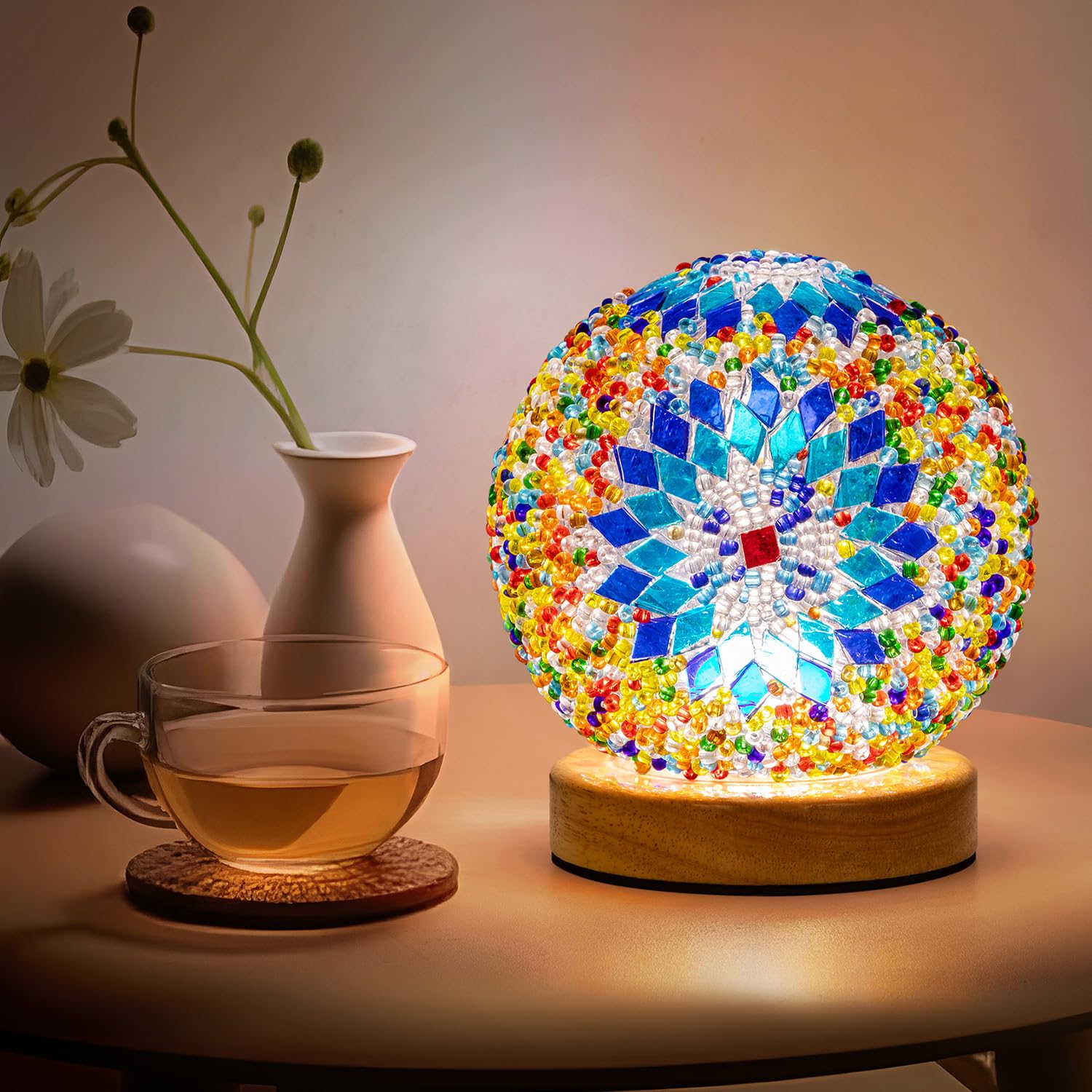 Soilsiu Turkish Mosaic Lamp, Tiffany Bedside Lamp, USB Power, Glass, 4.7in x 5.2in, Blue1, Model TD-030R