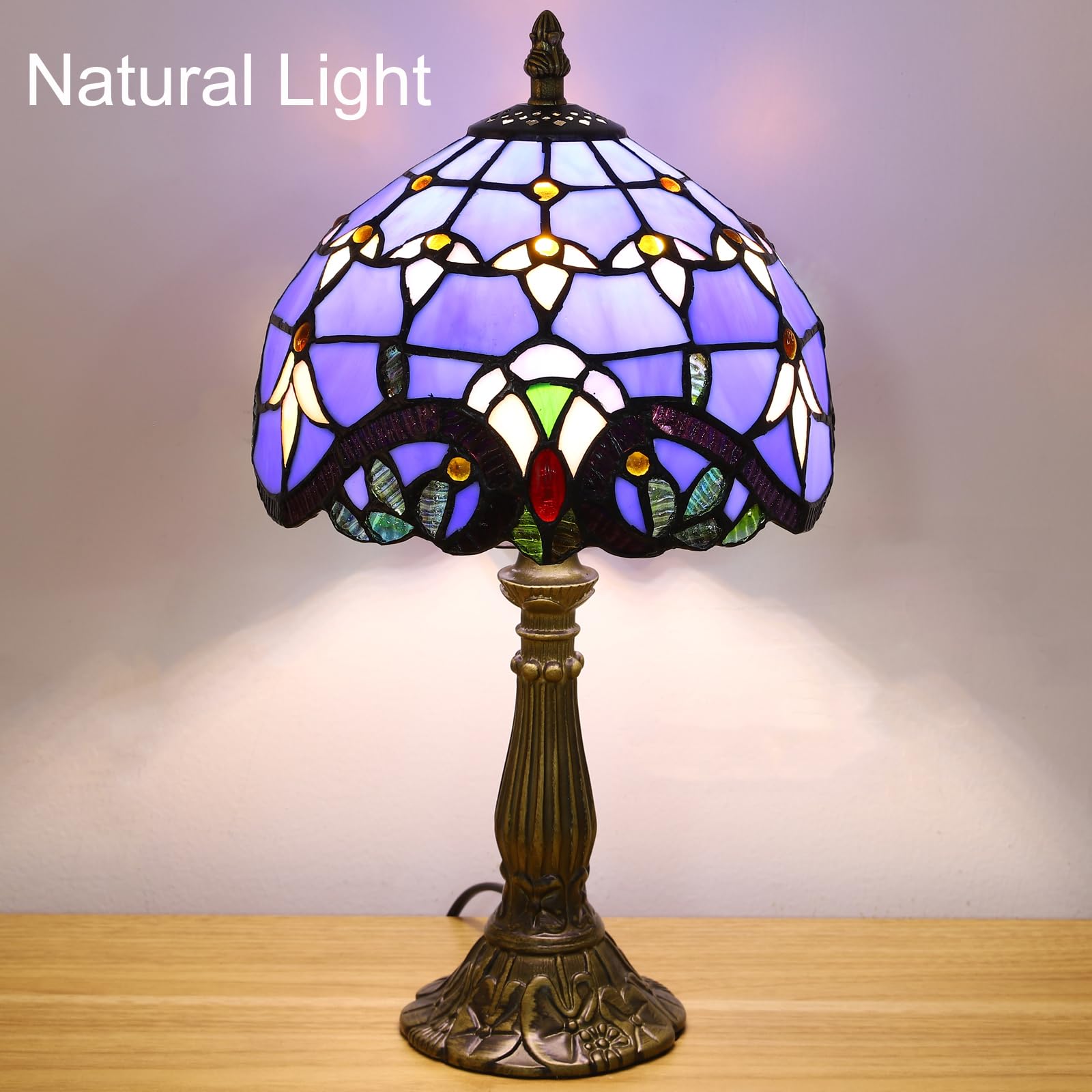 tuomoxte Tiffany Style Table Lamp, Blue Stained Glass, 8 Inch Antique Design for Bedroom, Living Room, Home Office, Includes LED Bulb