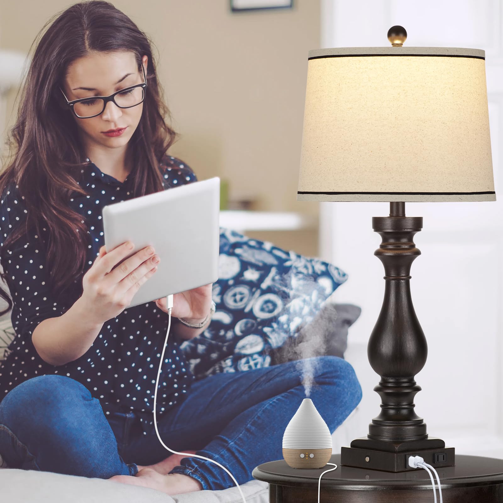 Rinweey 27.5'' Farmhouse Table Lamp For Living Room,Vintage Bedside Nightstand Lamp With Usb C+A Ports & Ac Outlet,3-Way Dimmabl