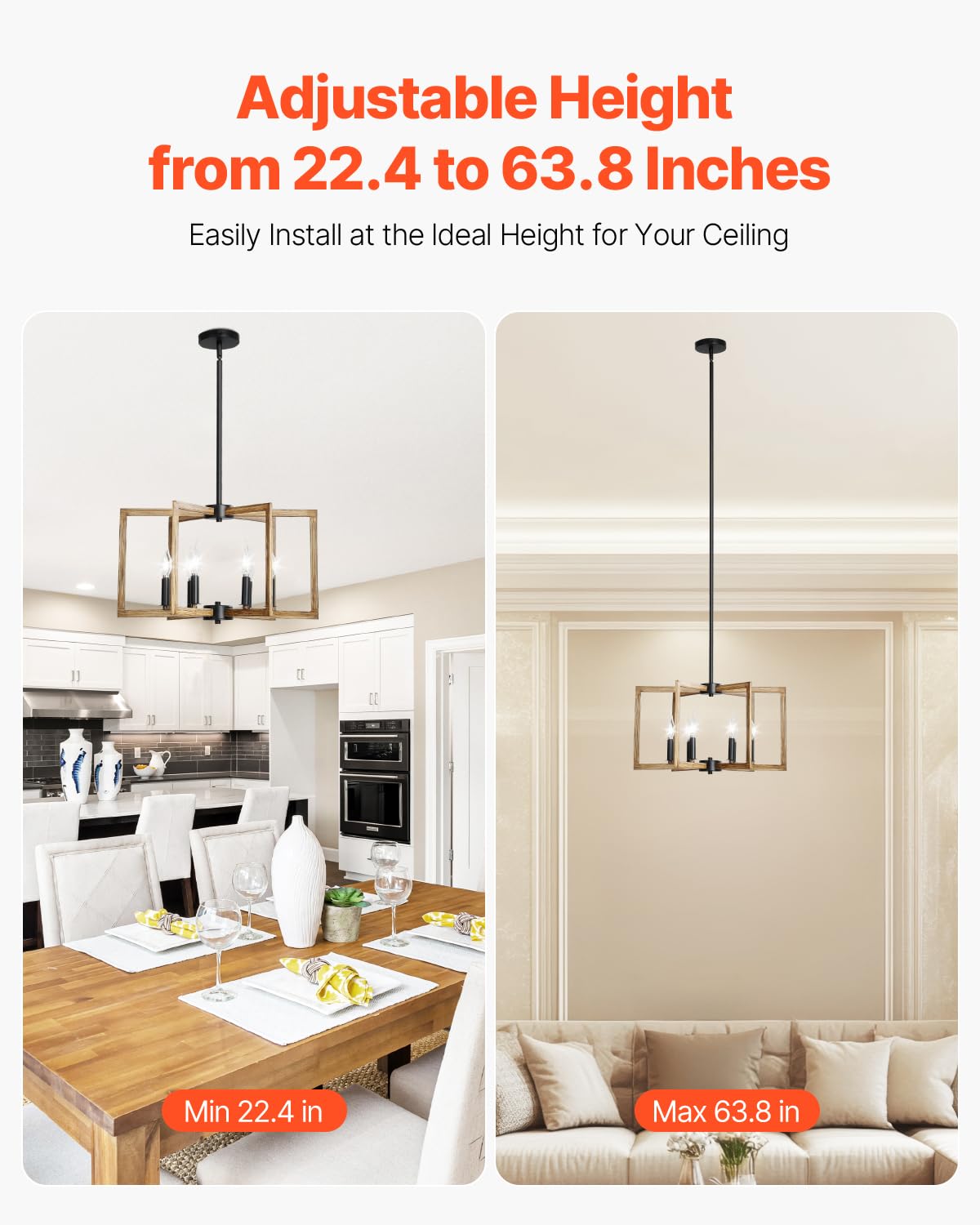 VEVOR 6-Light Chandelier, Adjustable Height, Iron, Black + Dark Wood, Model BK9021-6, Modern Farmhouse Design for Dining Room, Living Room, Kitchen