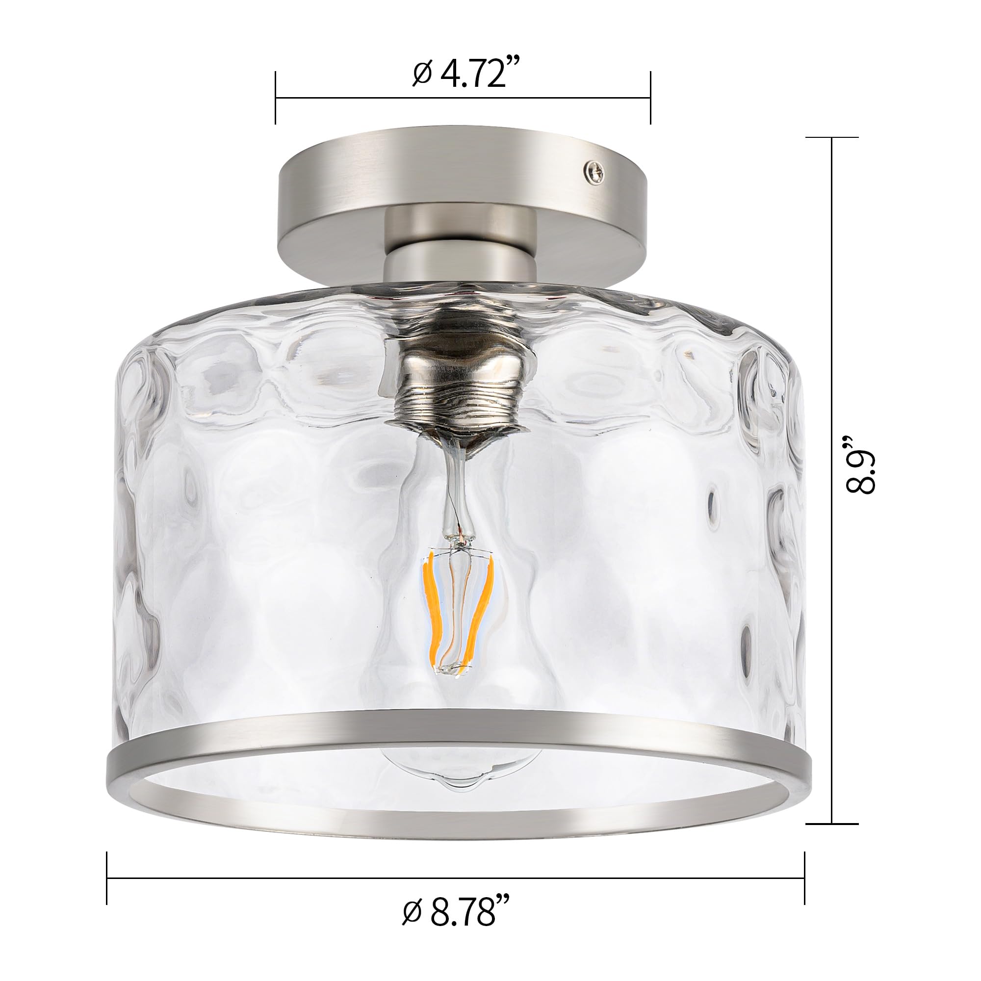 Zlepmlla Modern Semi Flush Mount Ceiling Light Industrial Clear Hammered Glass Lampshade Farmhouse Close To Ceiling Lights Fixtures In Satin Nickel For Hallway Kitchen Bathroom Bedroom